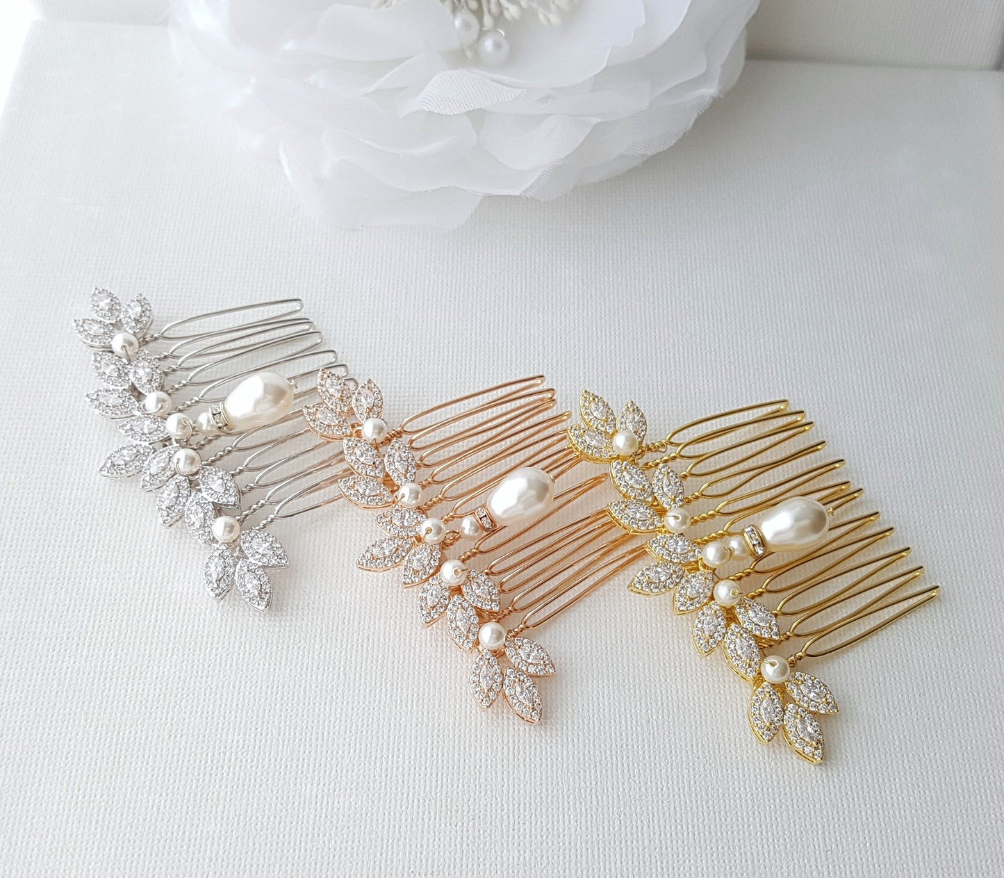 Peine para el pelo de boda con diseño de hojas de perlas de oro rosa-Abby