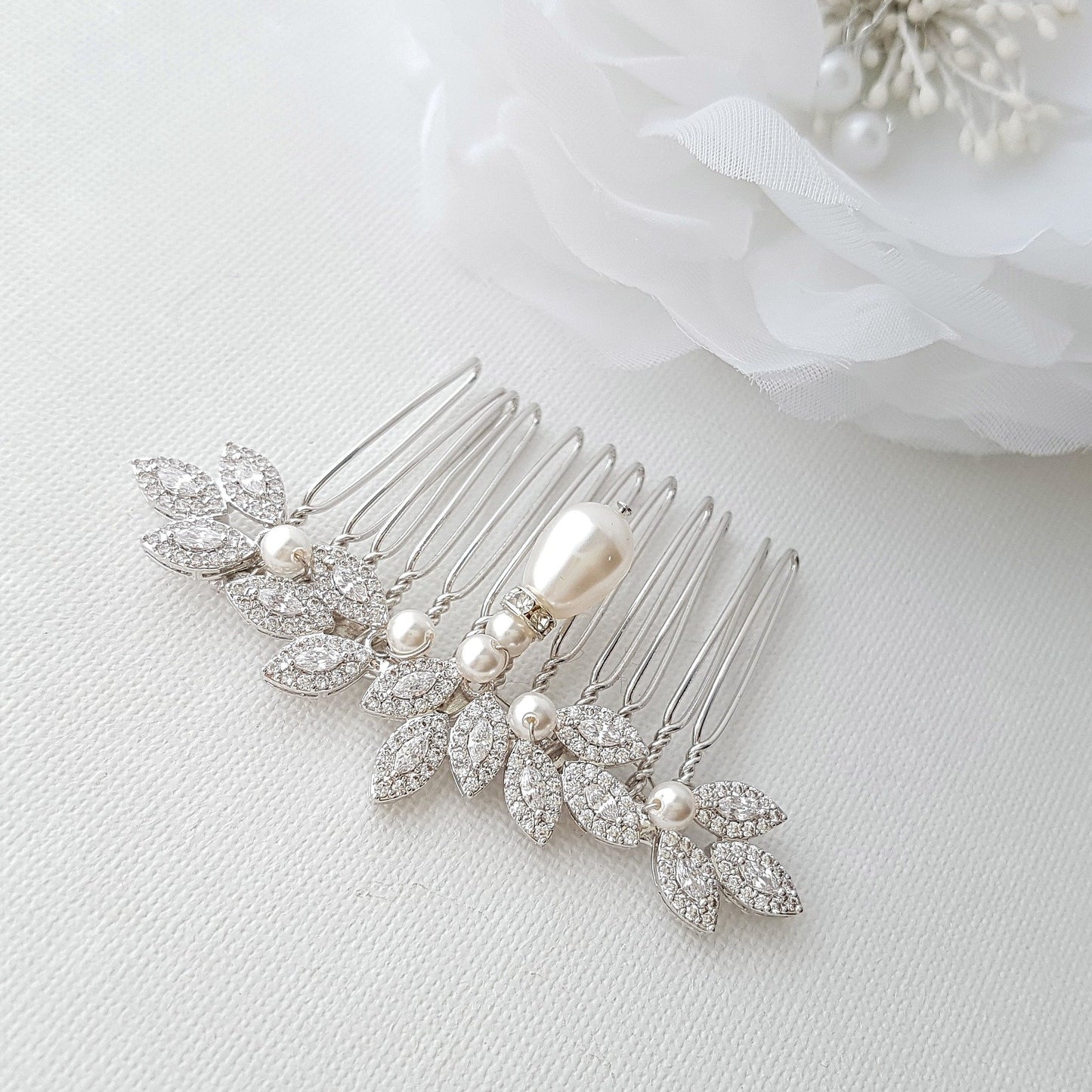 Peine para el pelo de boda con diseño de hojas de perlas de oro rosa-Abby