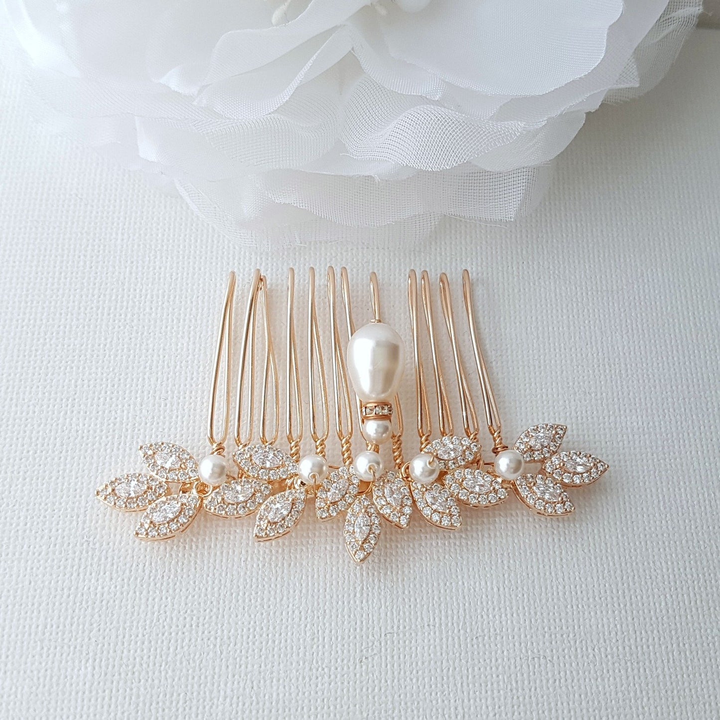 Peine para el pelo de boda con diseño de hojas de perlas de oro rosa-Abby