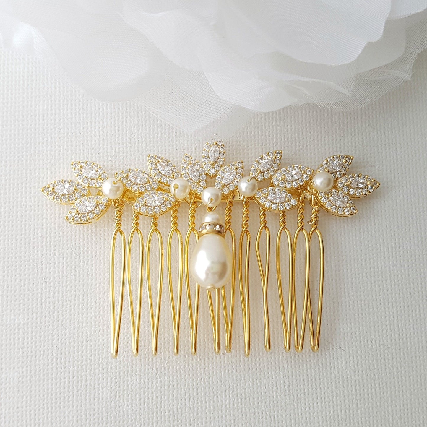 Peine para el pelo de boda con diseño de hojas de perlas de oro rosa-Abby