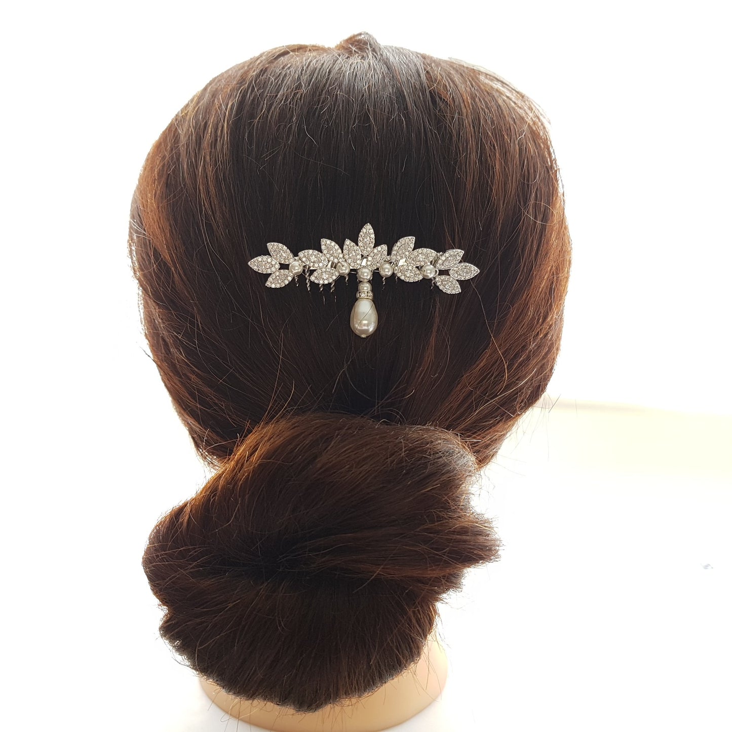 Peine para el pelo de boda con diseño de hojas de perlas de oro rosa-Abby