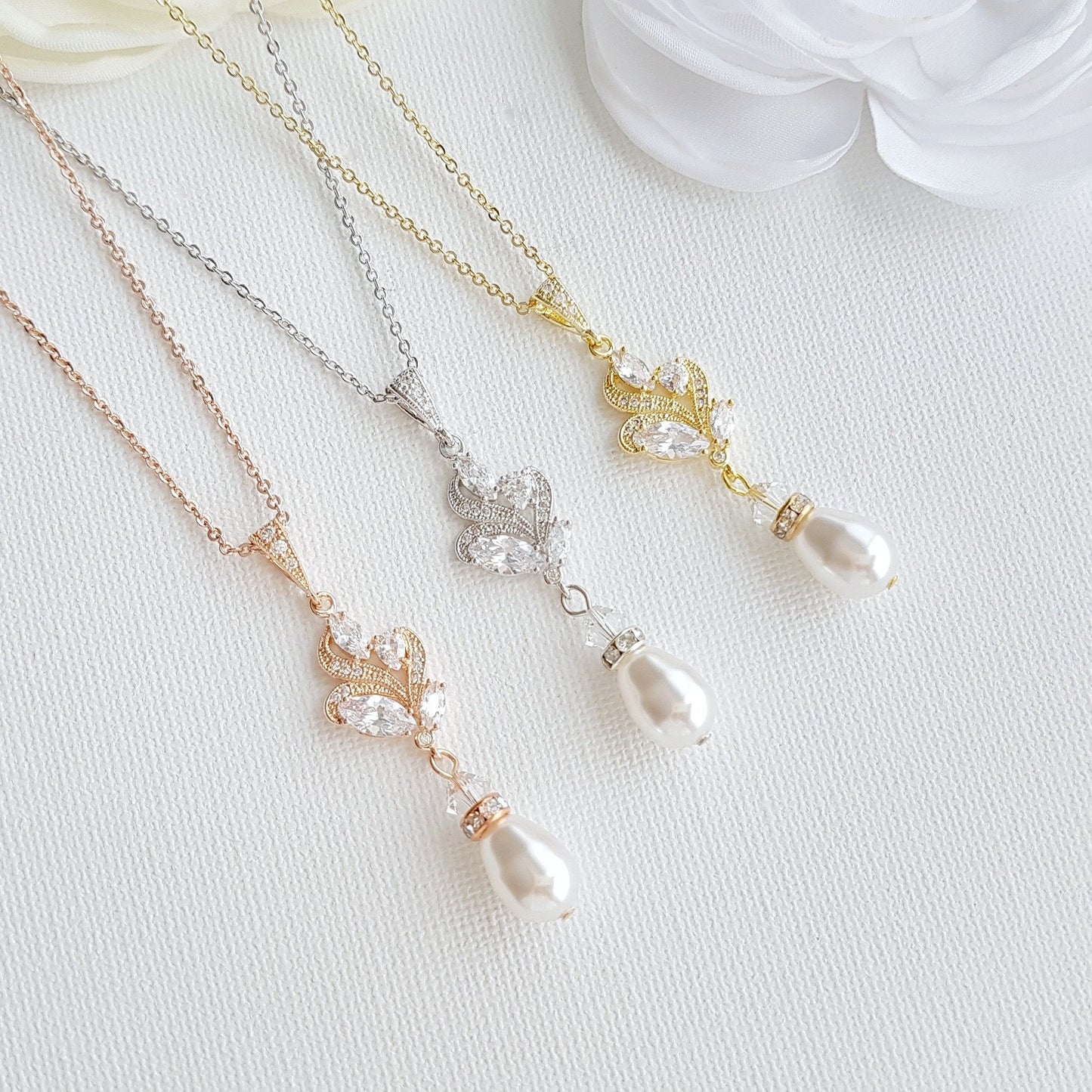 Teardrop Pearl Pendant Set in Silver for Weddings-Wavy