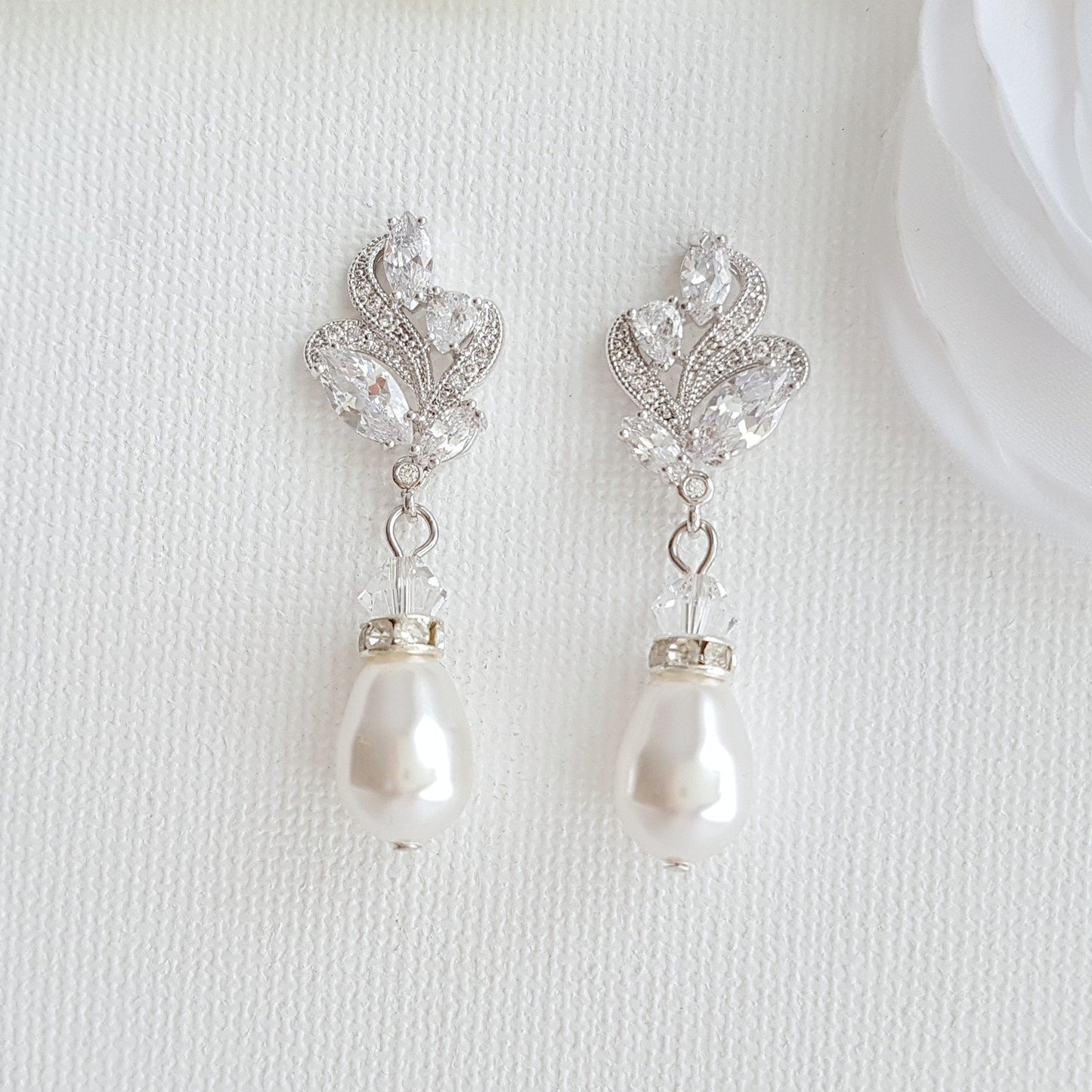 Silver Bridal Earrings With Pearl Drops-Wavy - PoetryDesigns