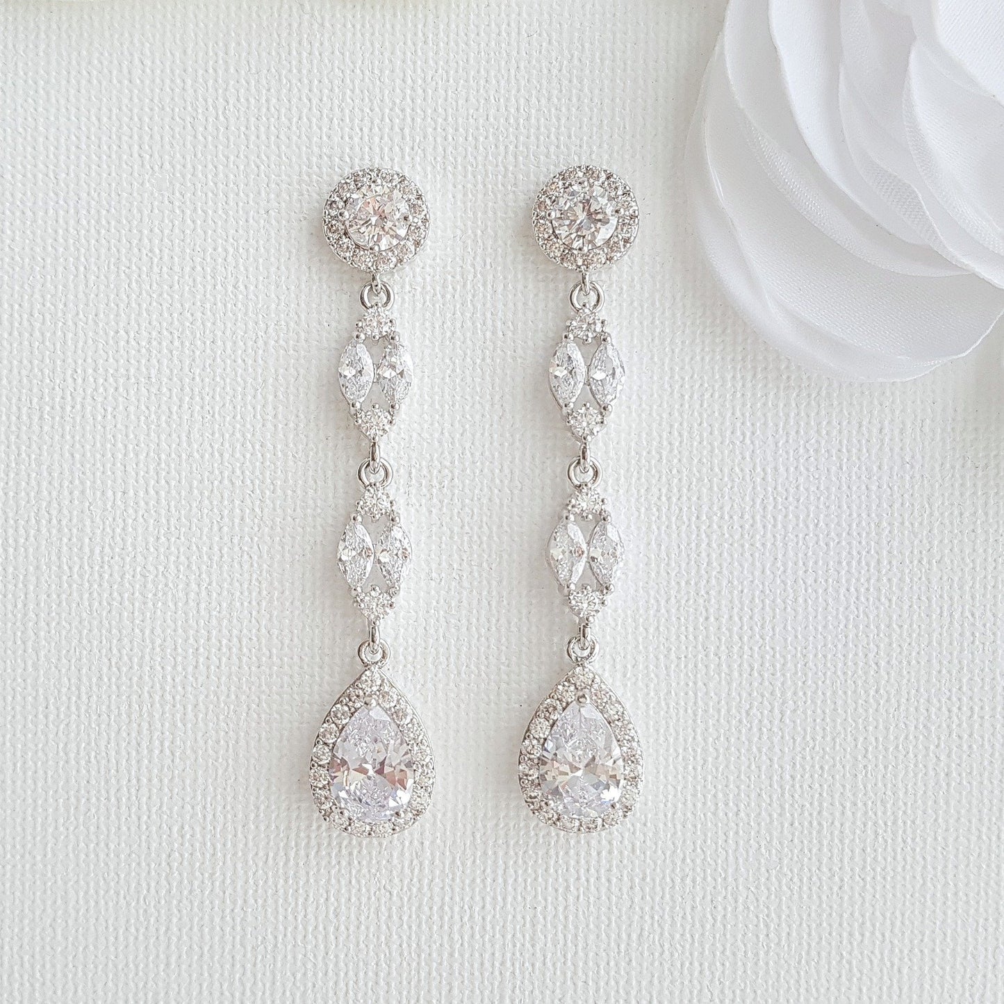 Long Silver & Cubic Zirconia Earrings for Weddings- Poetry Designs