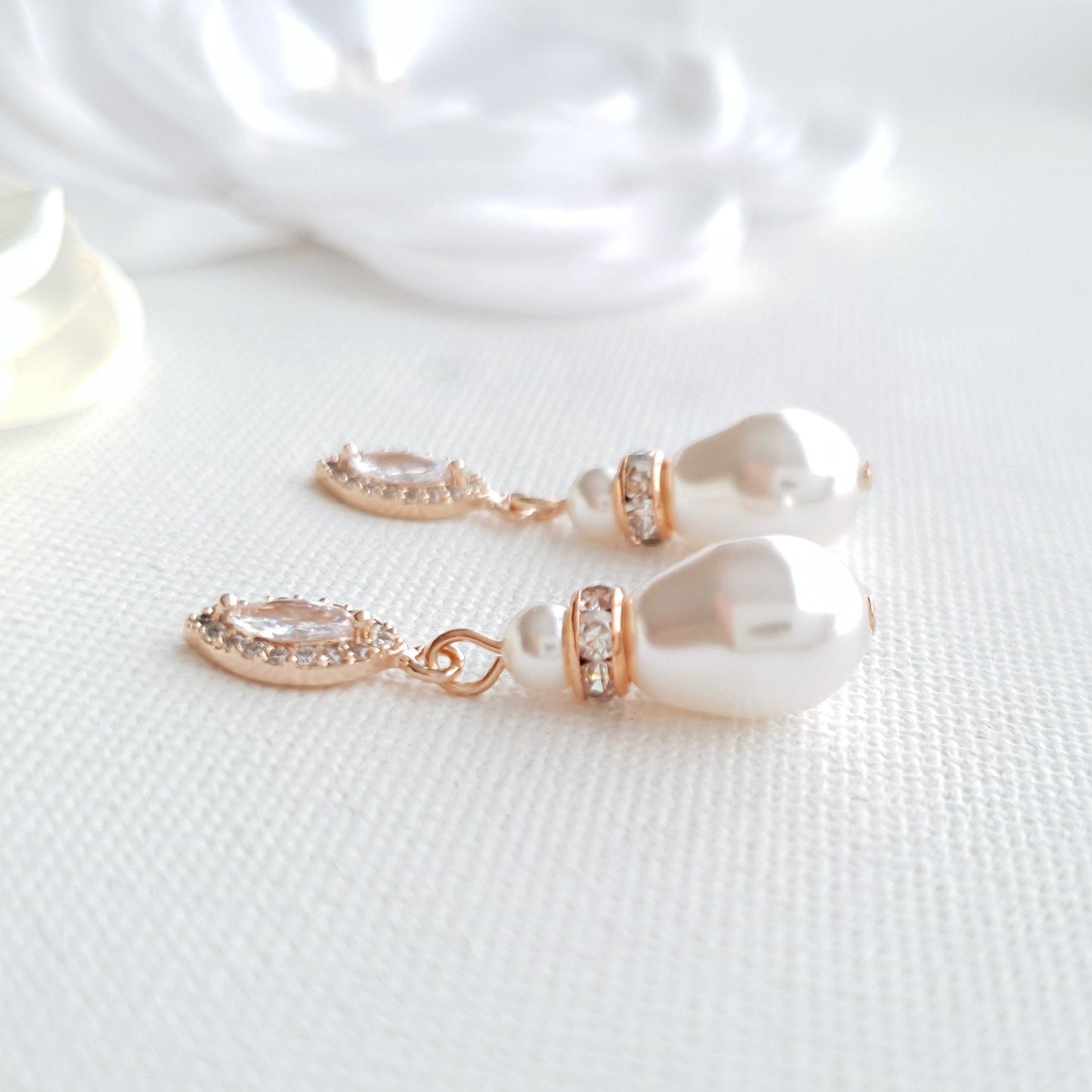 Rose Gold Pearl Teardrop Earrings for Brides- Ella - PoetryDesigns