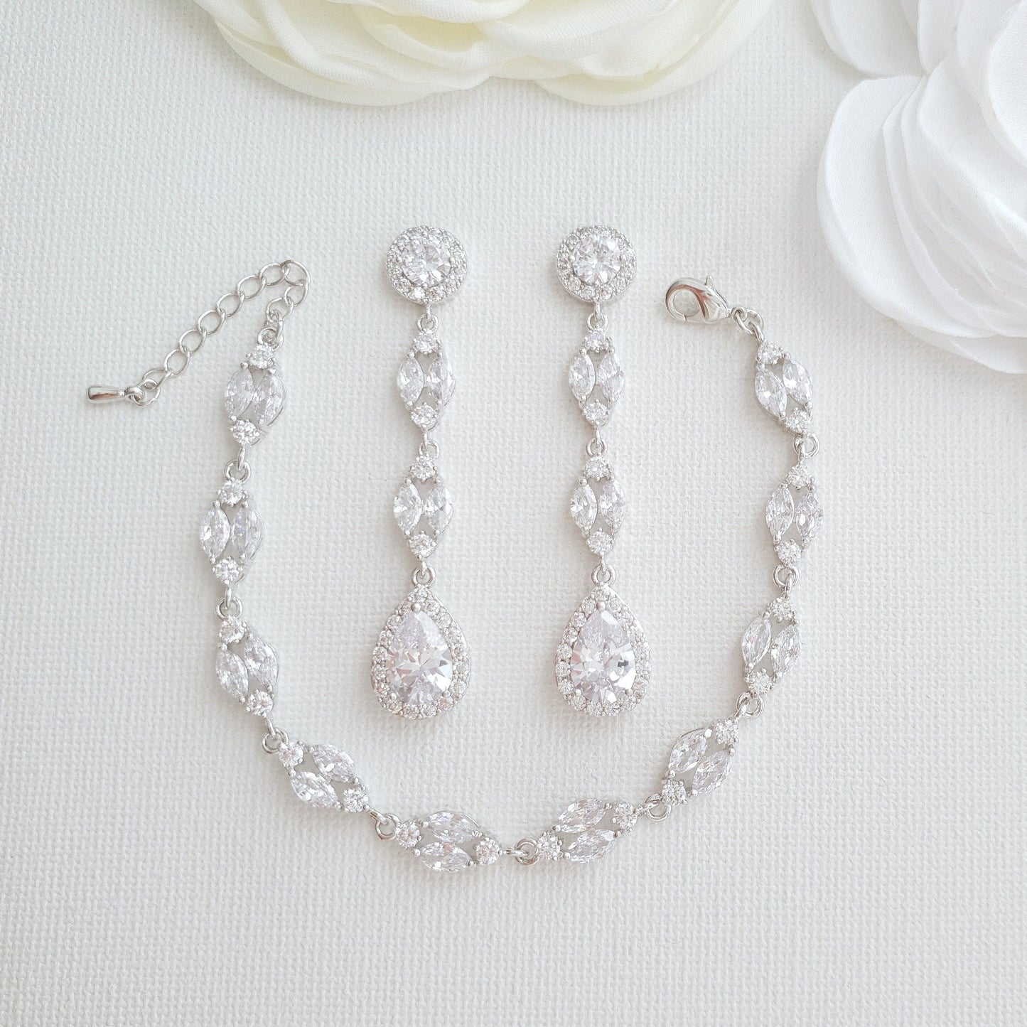 Long Earrings Drop Necklace & Bracelet Bridal Jewelry Set- Hayley - PoetryDesigns