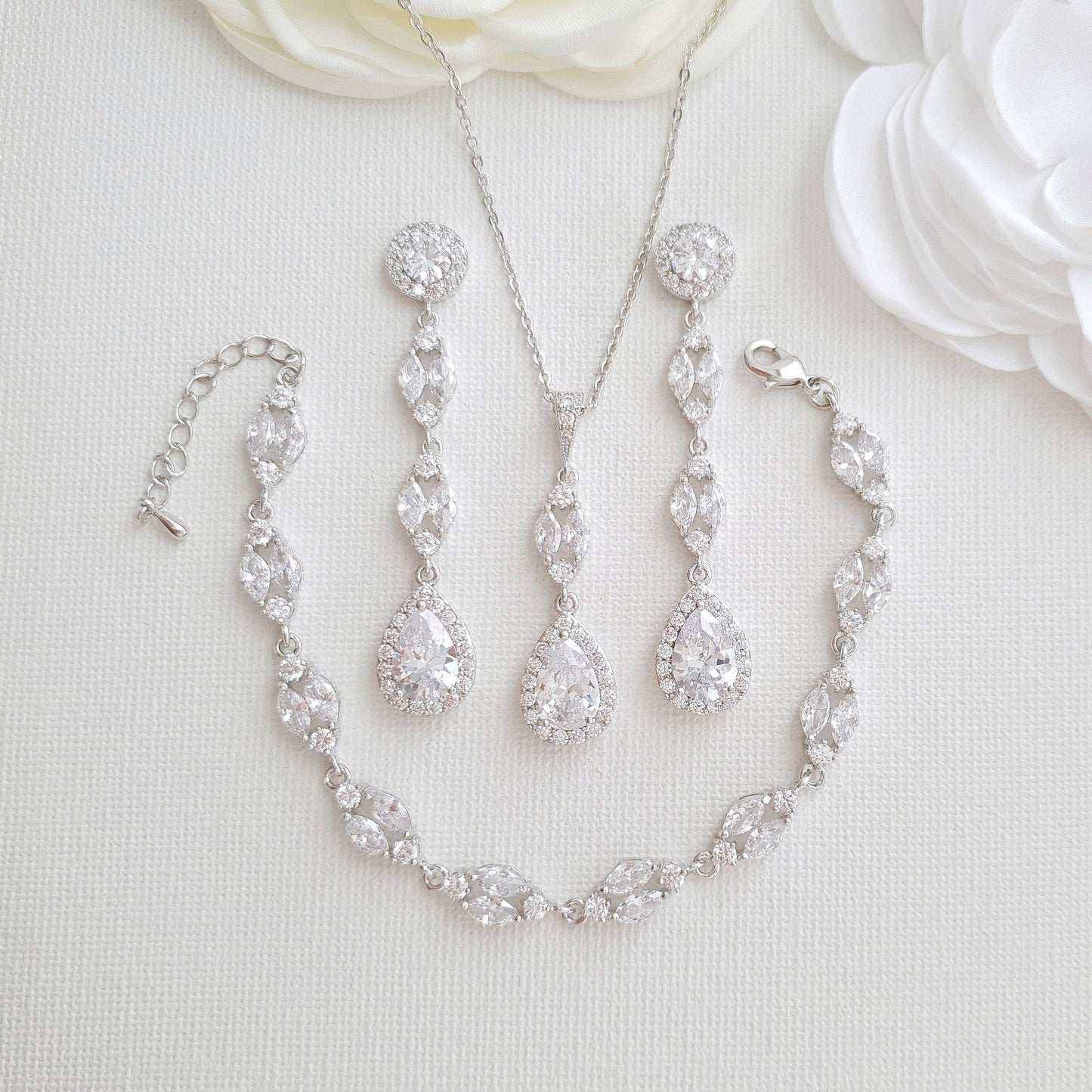 Long Earrings Drop Necklace & Bracelet Bridal Jewelry Set- Hayley - PoetryDesigns