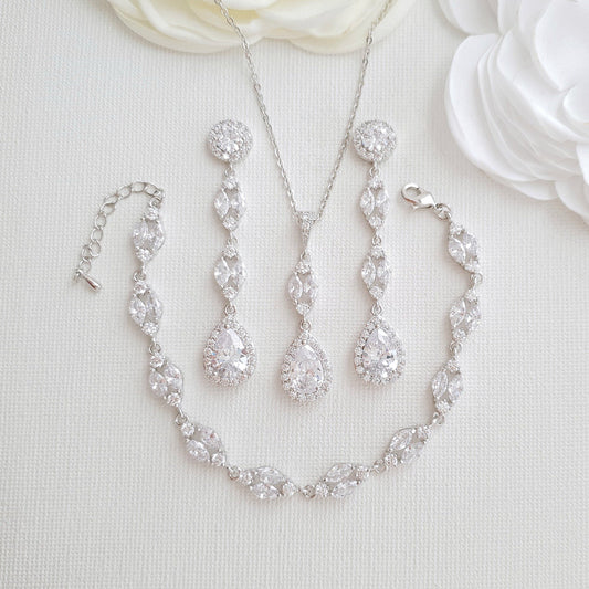 Long Earrings Drop Necklace & Bracelet Bridal Jewelry Set- Hayley - PoetryDesigns