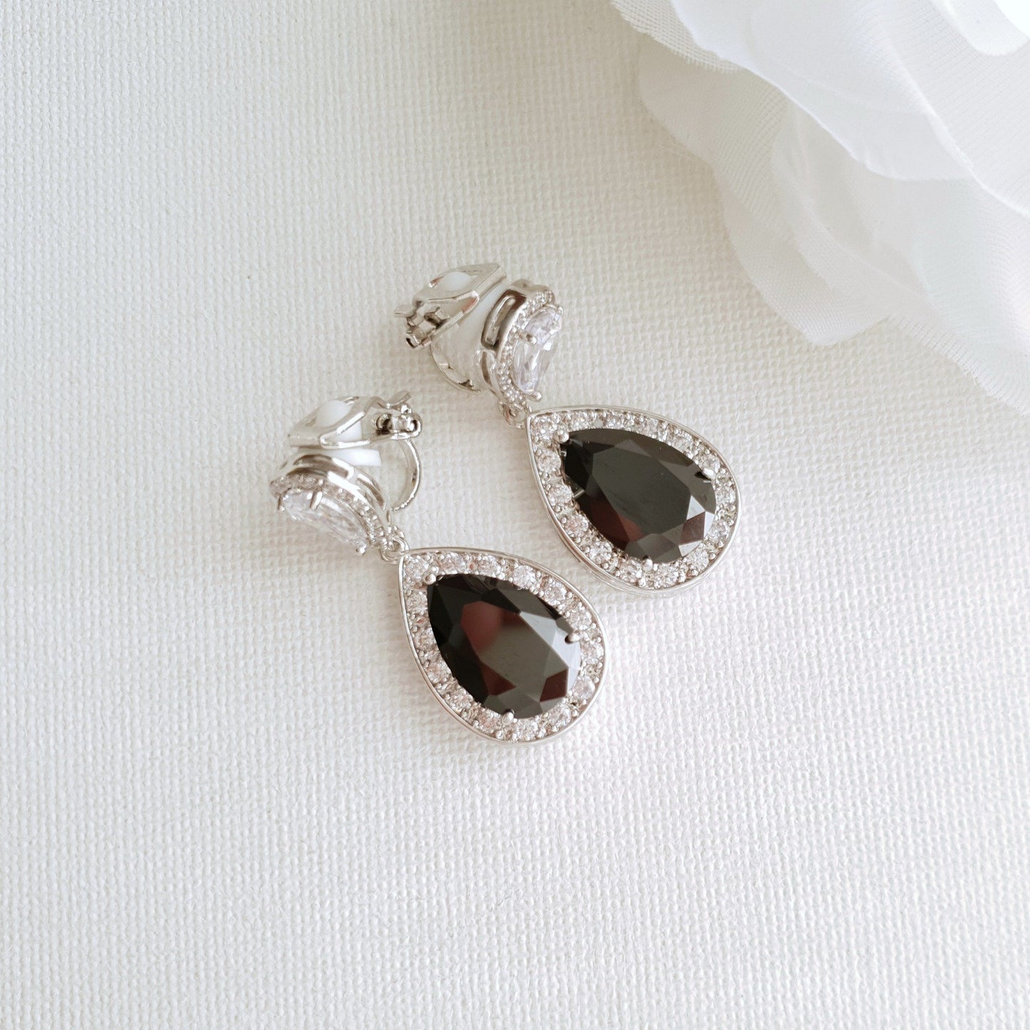 Black Clip On Earrings in Silver-Zoe - PoetryDesigns
