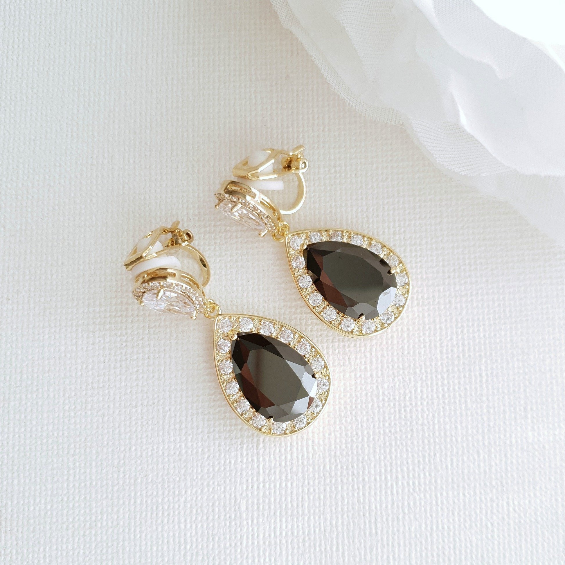 Black Clip On Drop Earrings in Rose Gold-Zoe - PoetryDesigns