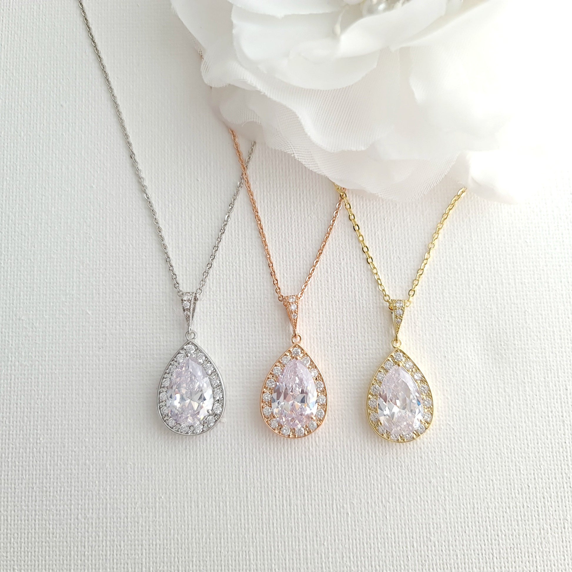 Silver Plated Teardrop Wedding Necklace for Bridesmaids and Brides-Evelyn - PoetryDesigns