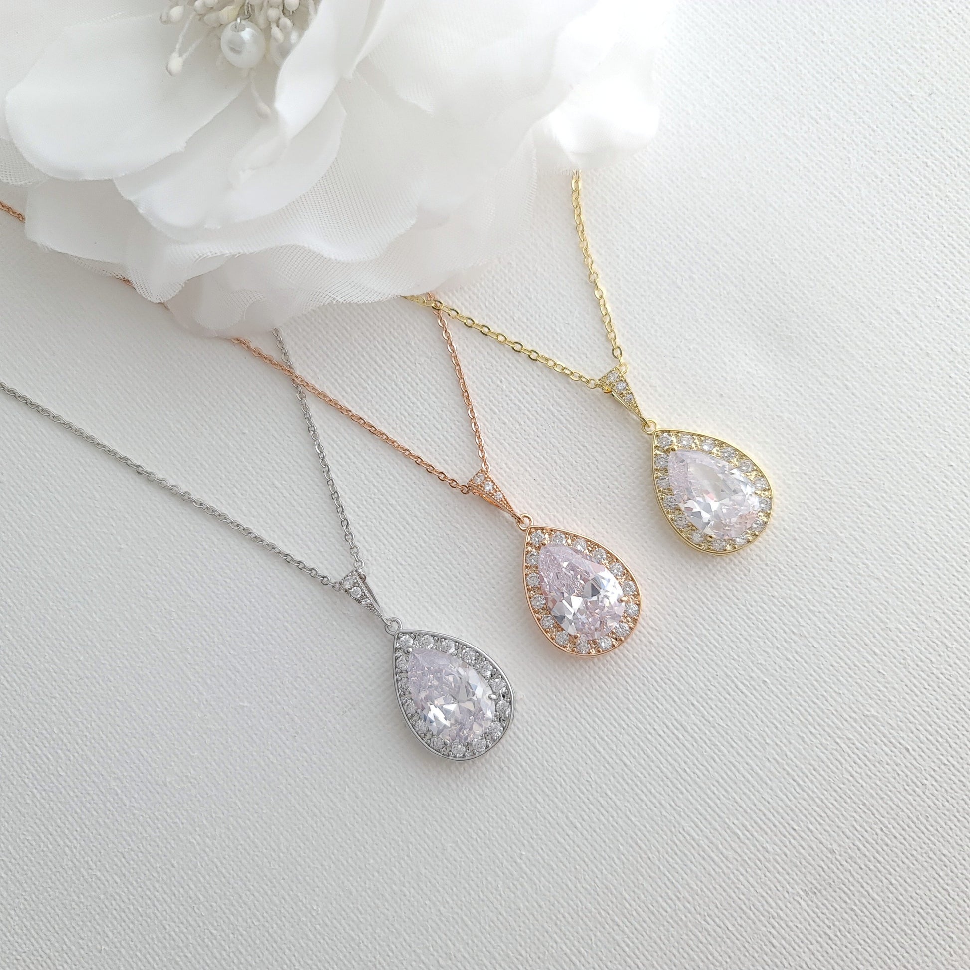 Simple Cubic Zirconia Necklace Set with Long CZ Earrings for Wedding- Penelope - PoetryDesigns