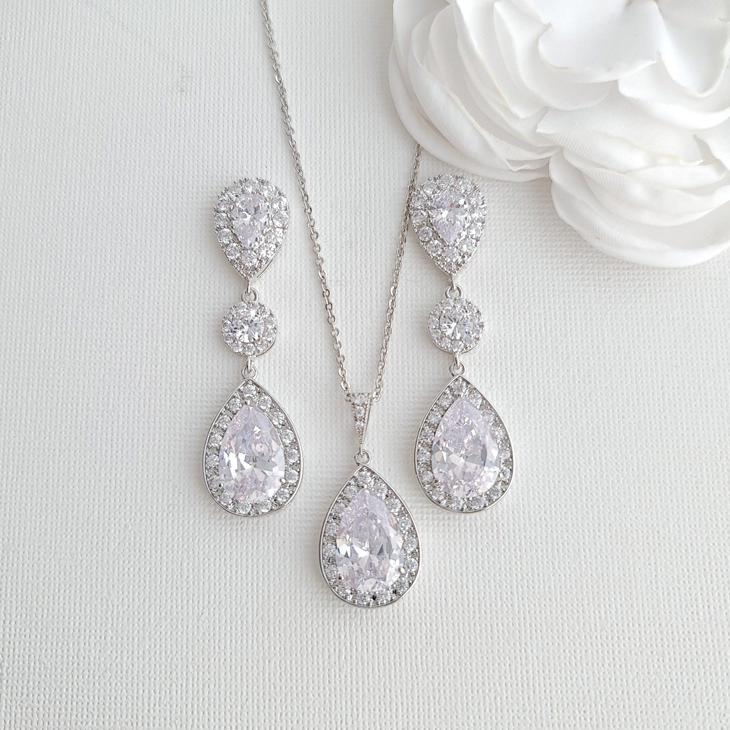 Simple Cubic Zirconia Necklace Set with Long CZ Earrings for Wedding- Penelope - PoetryDesigns