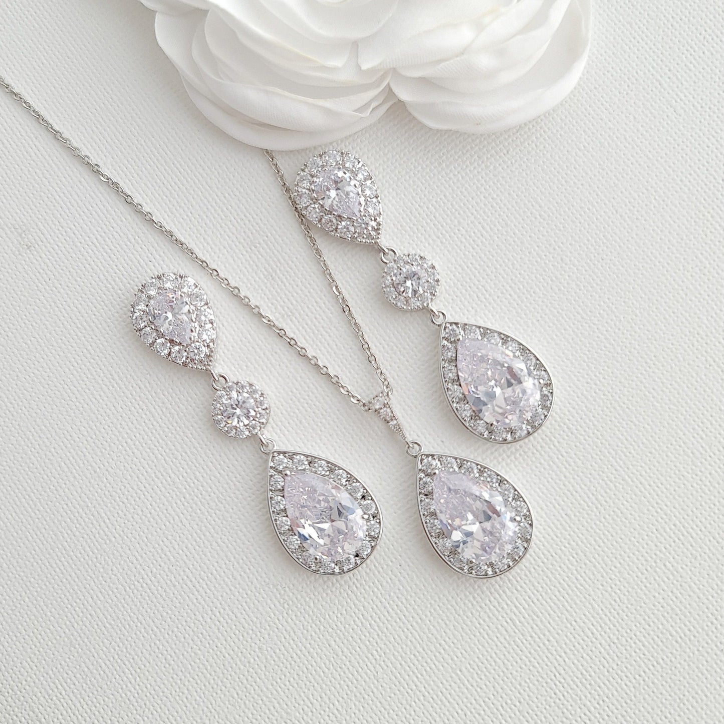 Simple Cubic Zirconia Necklace Set with Long CZ Earrings for Wedding- Penelope - PoetryDesigns
