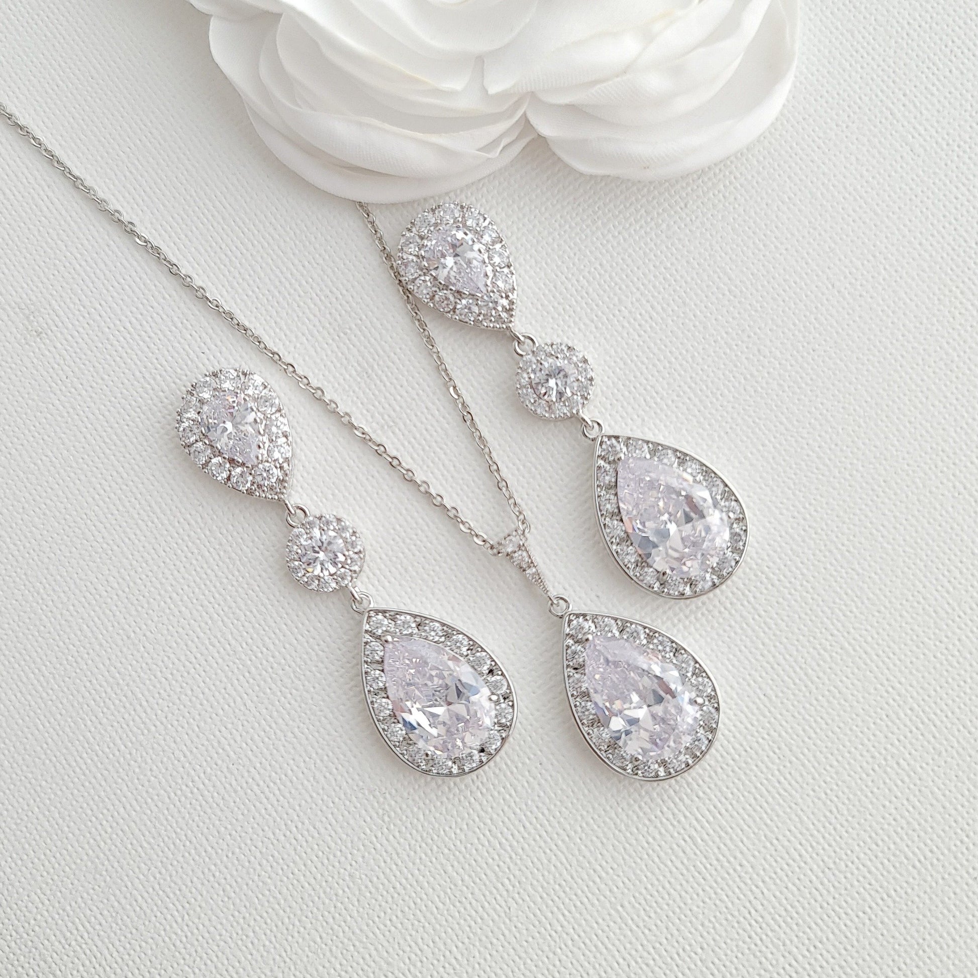 Simple Cubic Zirconia Necklace Set with Long CZ Earrings for Wedding- Penelope - PoetryDesigns