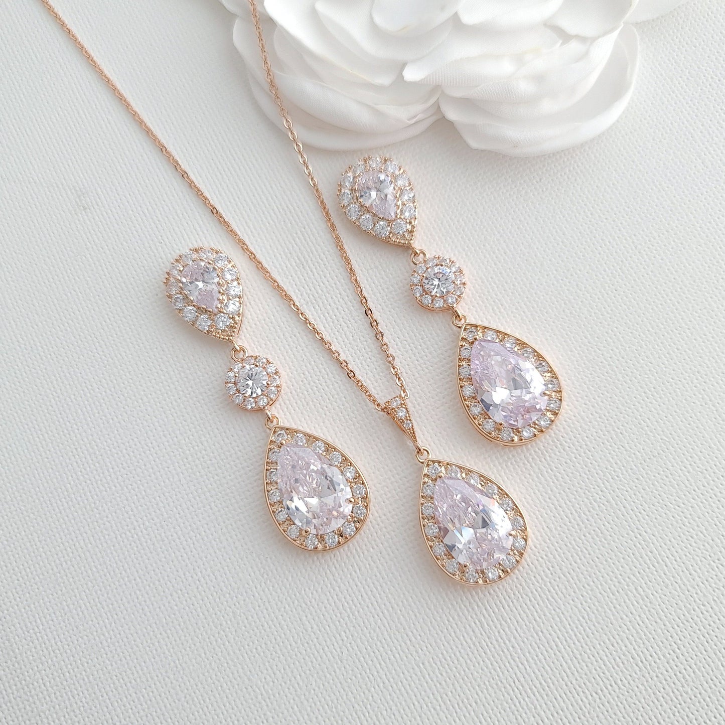 Simple Cubic Zirconia Necklace Set with Long CZ Earrings for Wedding- Penelope - PoetryDesigns