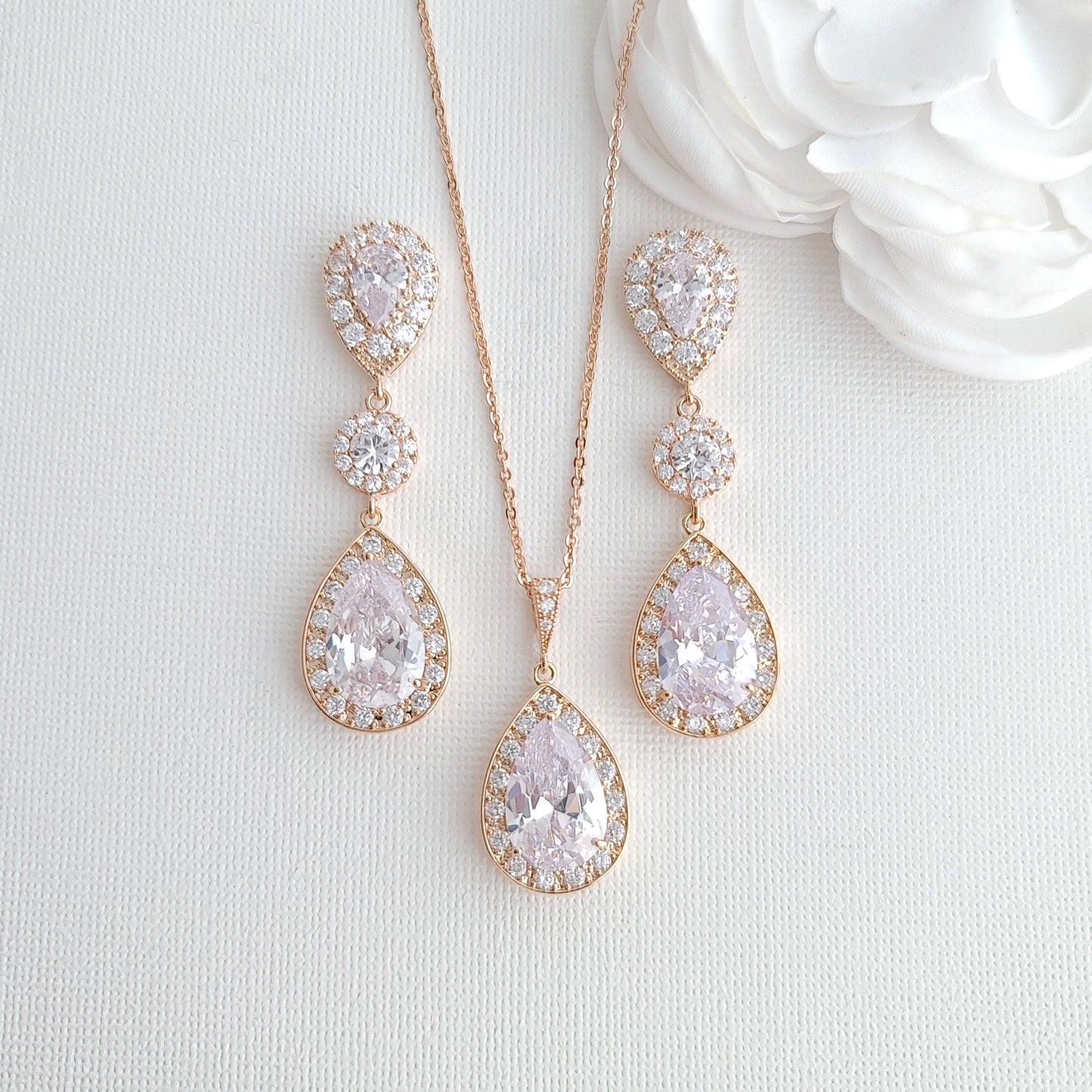 Simple Cubic Zirconia Necklace Set with Long CZ Earrings for Wedding- Penelope - PoetryDesigns