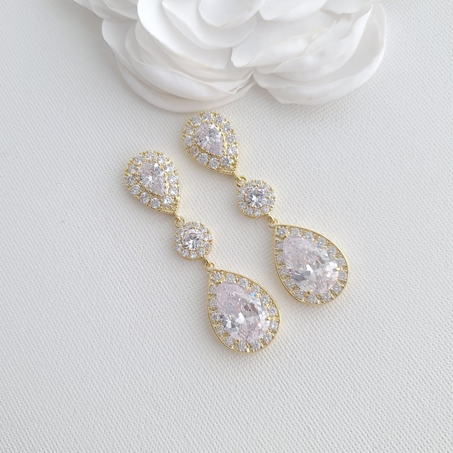 Teardrop Cubic Zirconia Rose Gold Bridal Earrings-Penelope - PoetryDesigns