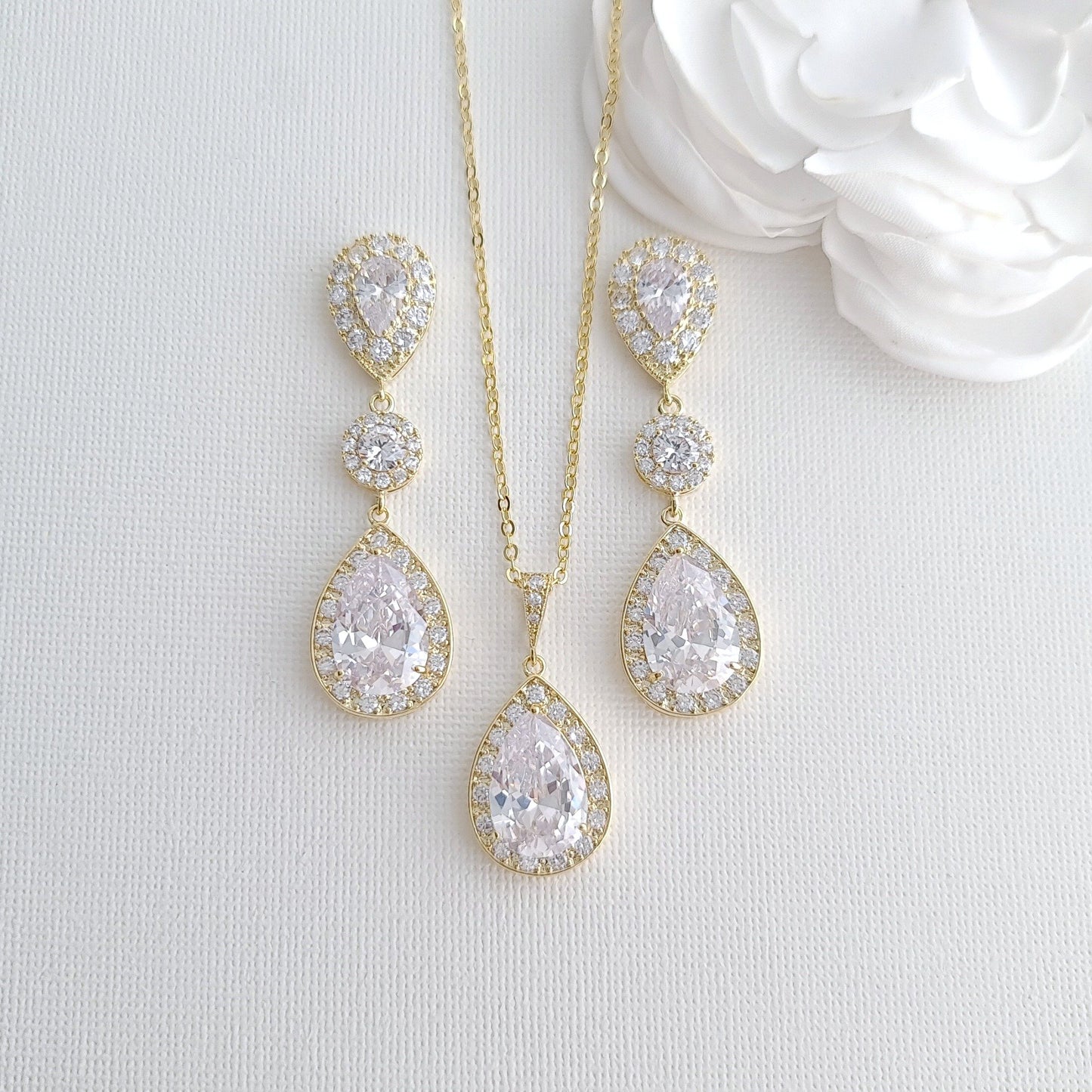 Simple Cubic Zirconia Necklace Set with Long CZ Earrings for Wedding- Penelope - PoetryDesigns