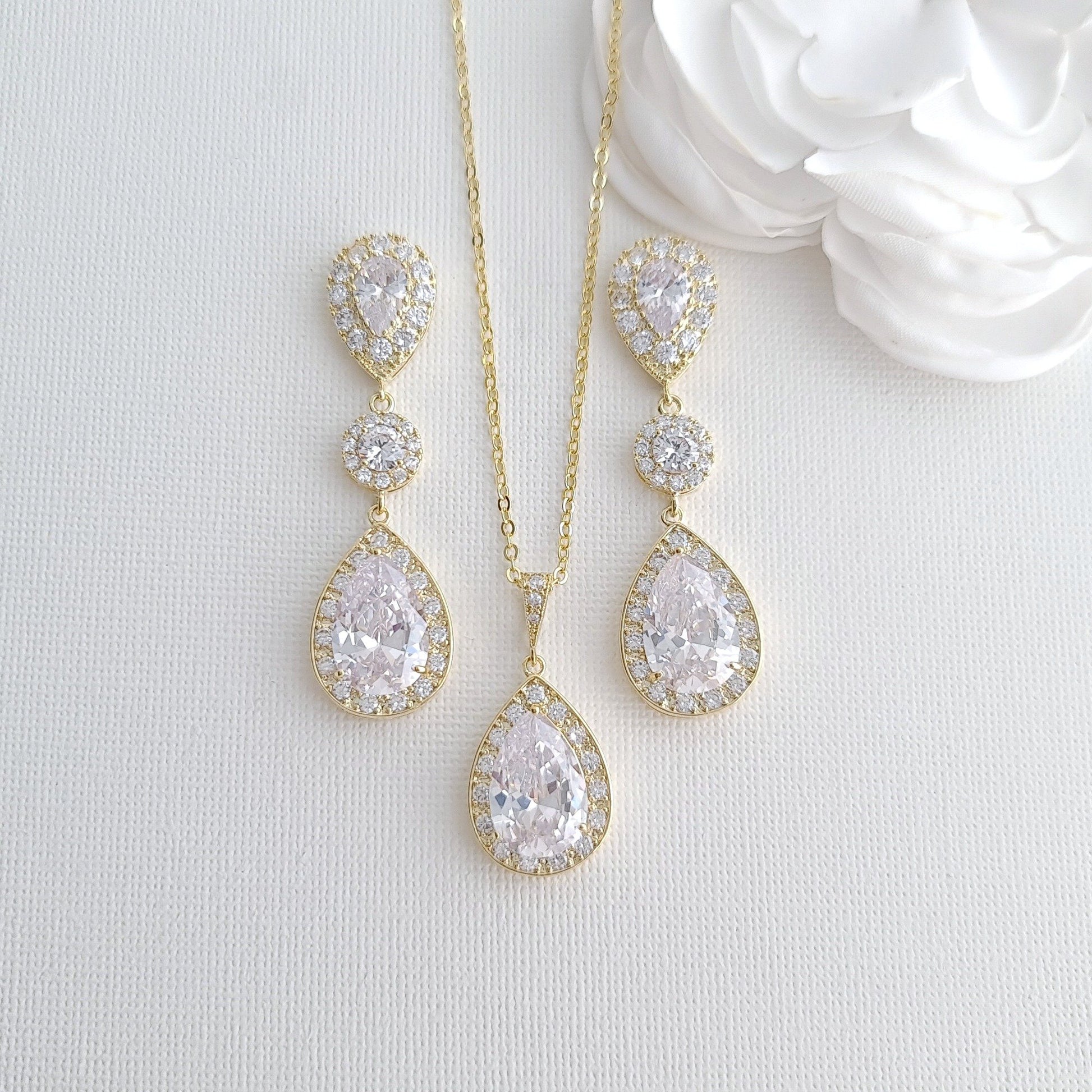 Simple Cubic Zirconia Necklace Set with Long CZ Earrings for Wedding- Penelope - PoetryDesigns