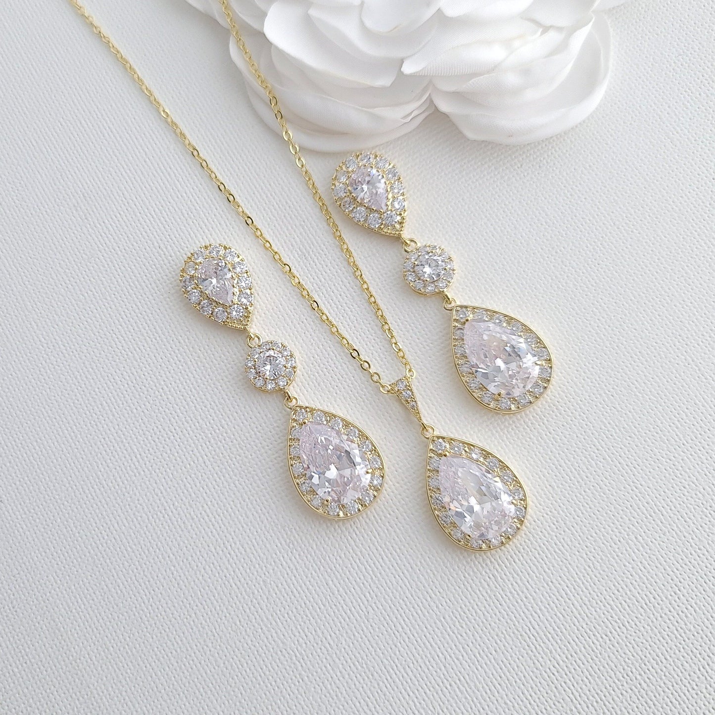 Simple Cubic Zirconia Necklace Set with Long CZ Earrings for Wedding- Penelope - PoetryDesigns