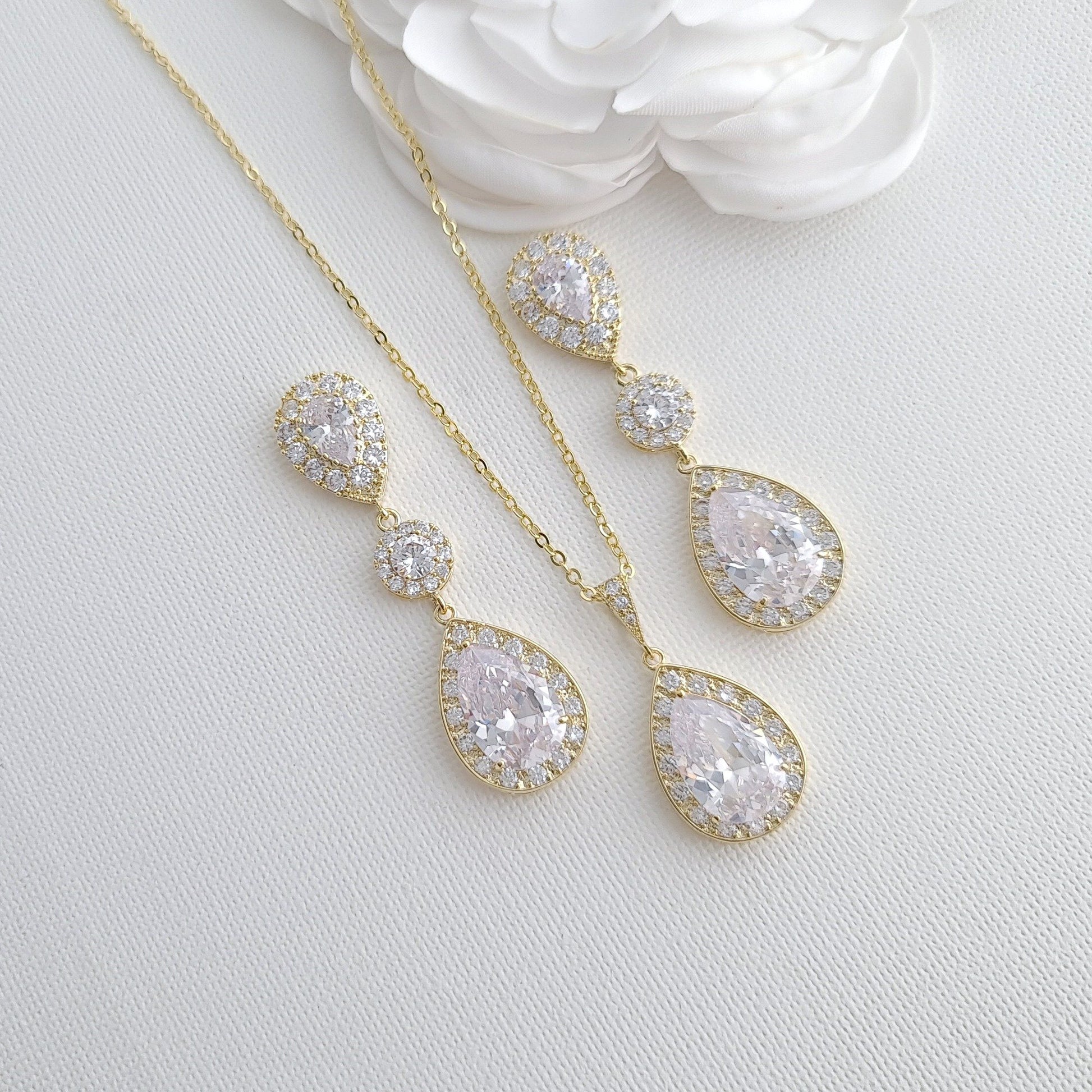 Simple Cubic Zirconia Necklace Set with Long CZ Earrings for Wedding- Penelope - PoetryDesigns
