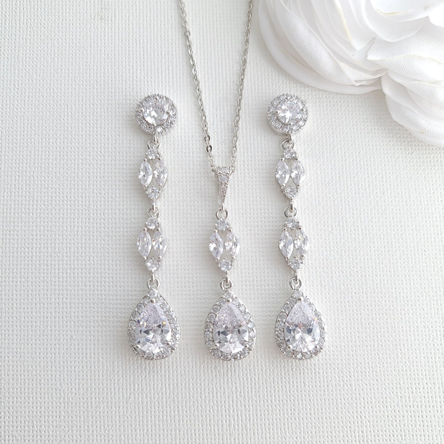 Long Earrings Drop Necklace & Bracelet Bridal Jewelry Set- Hayley - PoetryDesigns