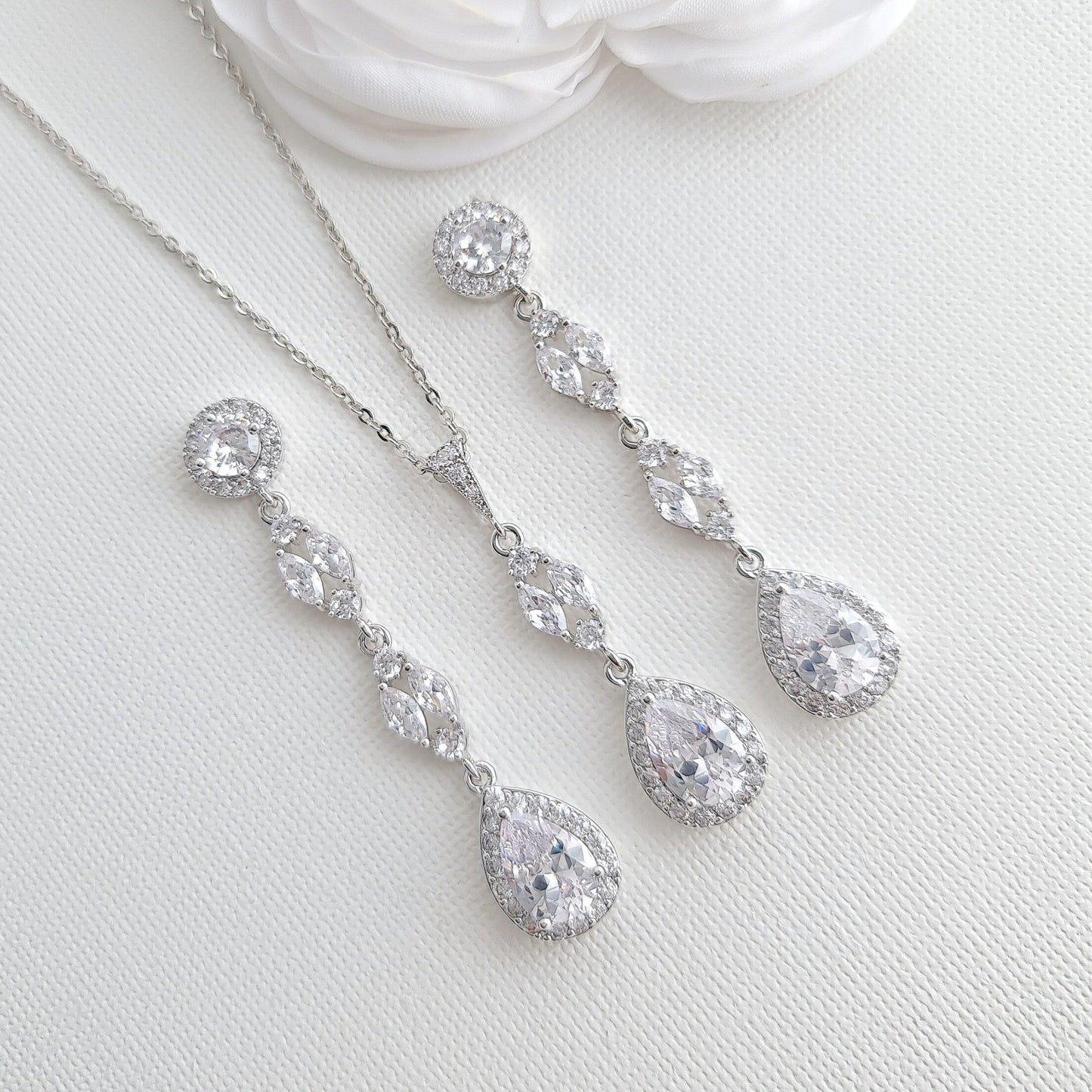Long Earrings Drop Necklace & Bracelet Bridal Jewelry Set- Hayley - PoetryDesigns