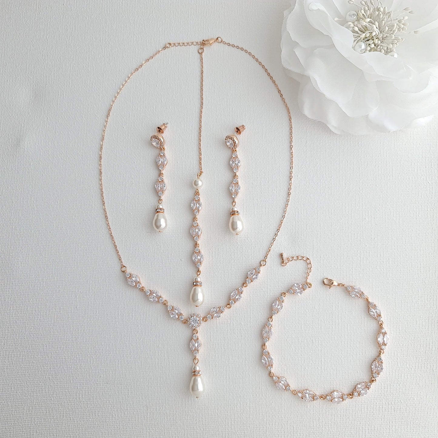 Gold Bridal Jewelry Set with Pearl Crystal Earrings Back Necklace Bracelet Set-Hayley - PoetryDesigns