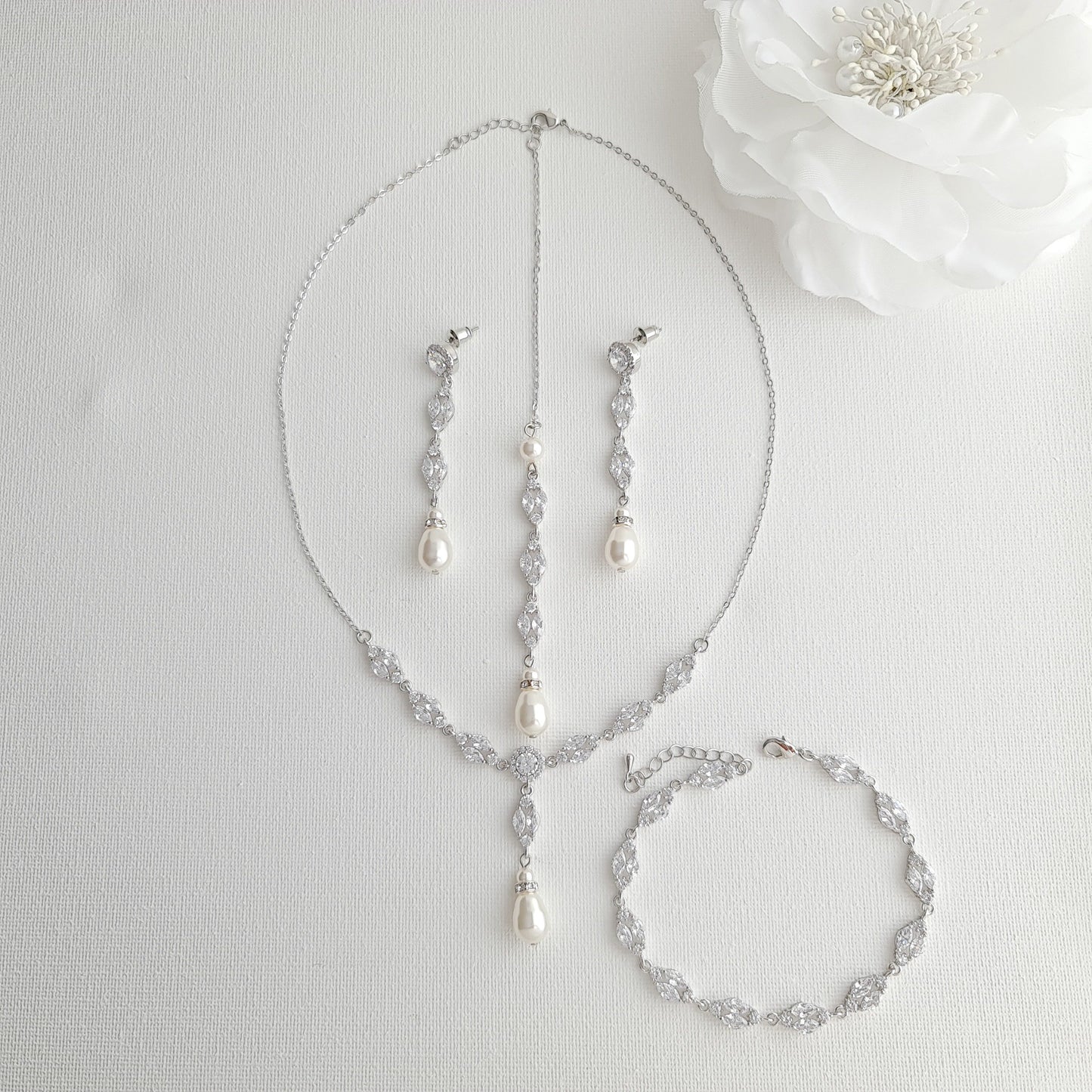 Gold Bridal Jewelry Set with Pearl Crystal Earrings Back Necklace Bracelet Set-Hayley - PoetryDesigns
