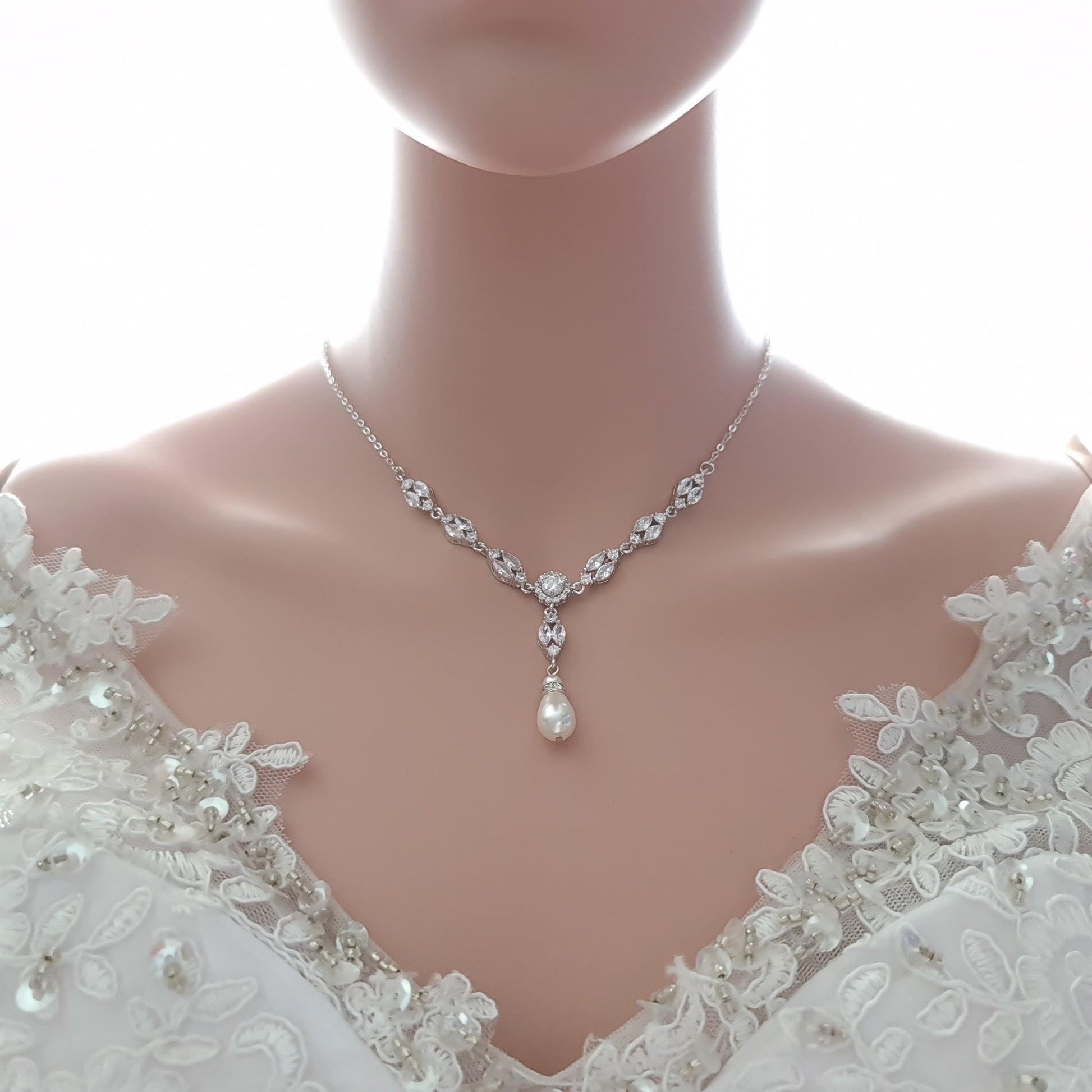 Gold Wedding Necklace With Backdrop in Pearls and Crystals-Hayley - PoetryDesigns