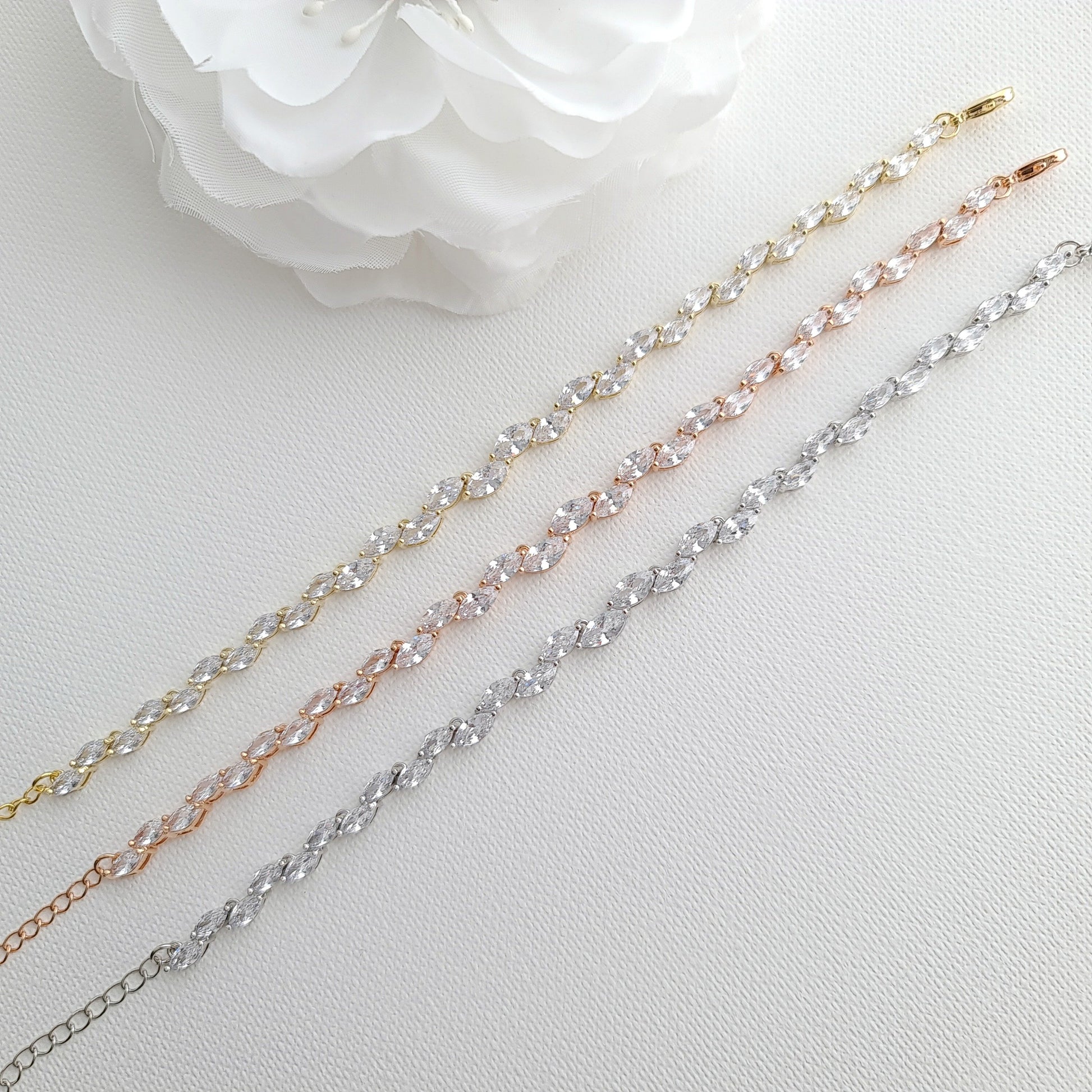 Rose Gold Wedding Bracelet With Crystal Leaf for Brides- Belle - PoetryDesigns