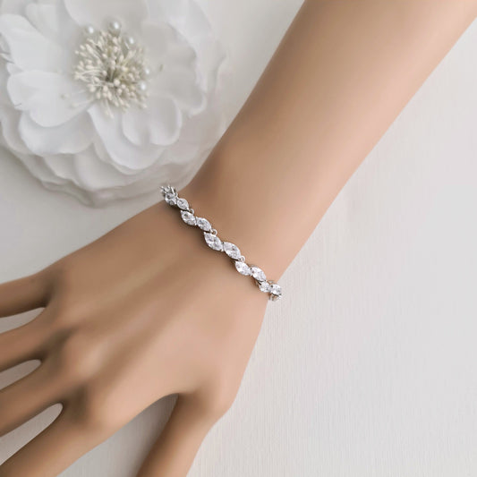 Silver Leaf Bracelet for Brides & Weddings in CZ- Belle - PoetryDesigns
