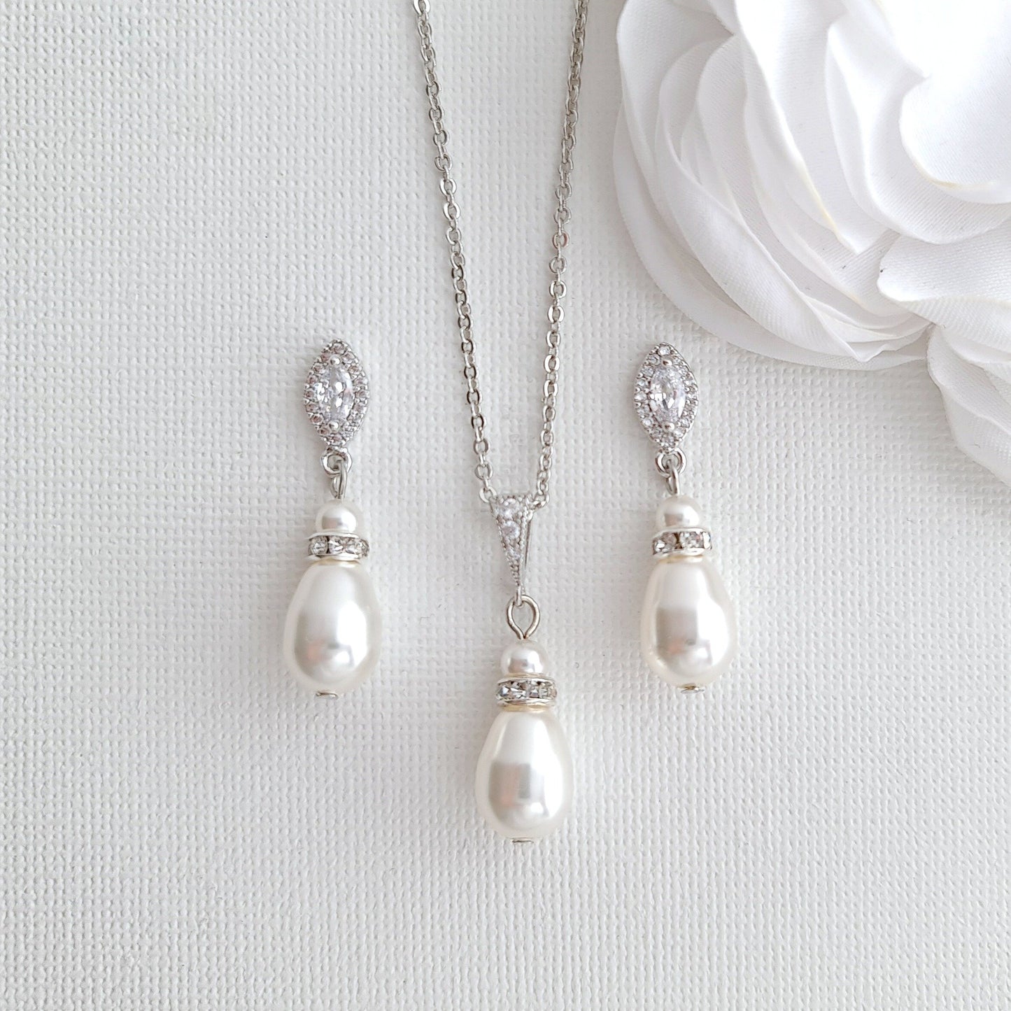 Jewelry Set for Brides With Pearl Bracelet+Pearl Earrings+Pearl Necklace-Ella - PoetryDesigns