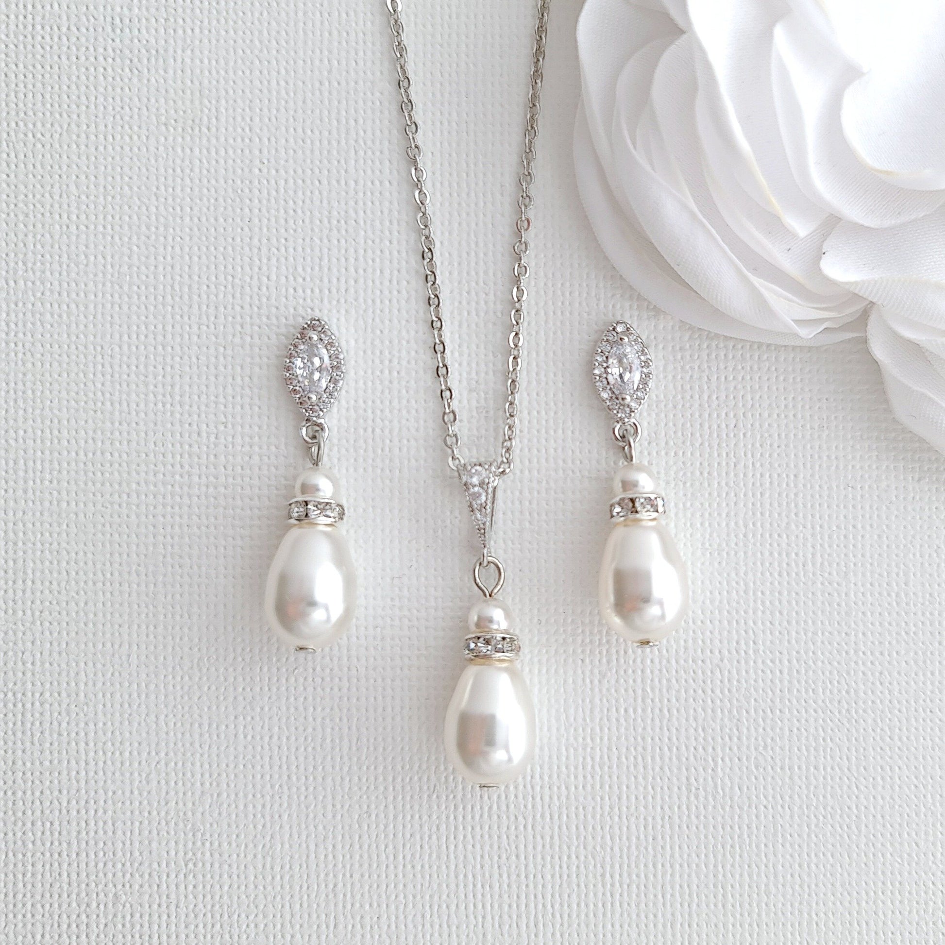 Jewelry Set for Brides With Pearl Bracelet+Pearl Earrings+Pearl Necklace-Ella - PoetryDesigns