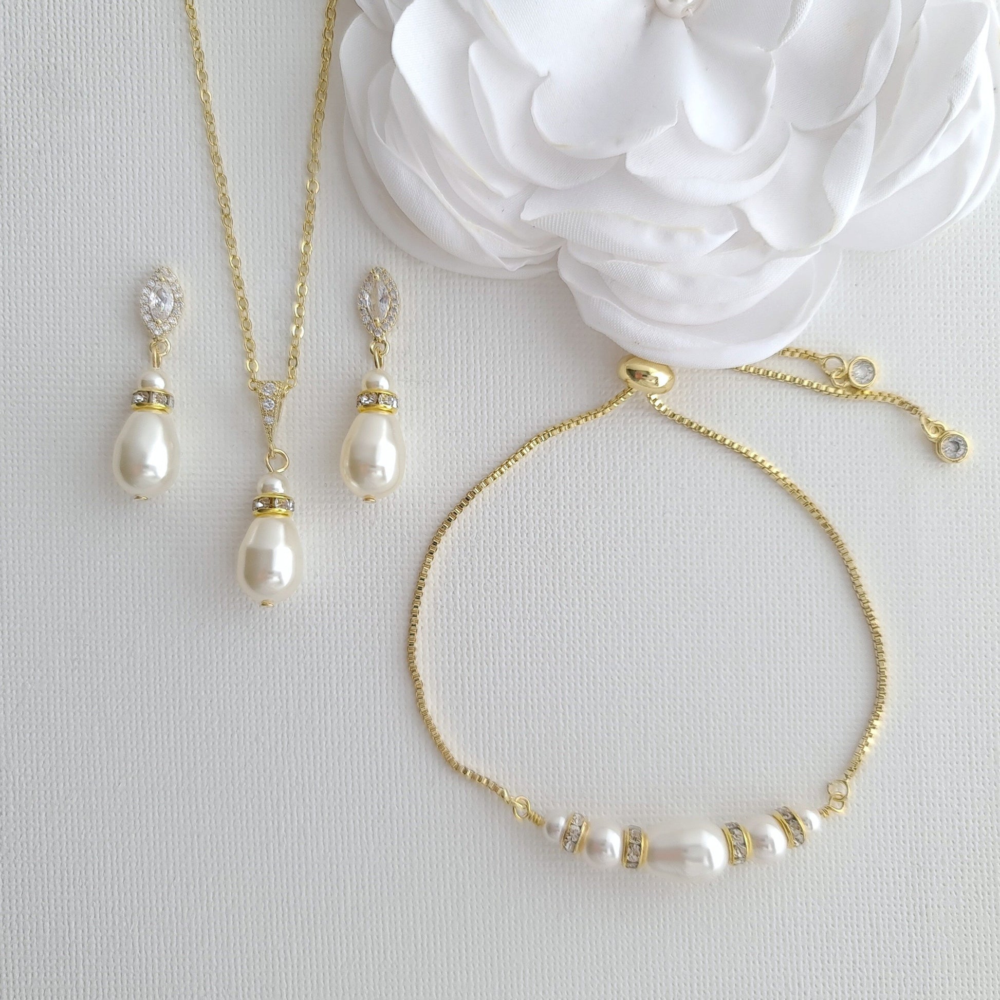Jewelry Set for Brides With Pearl Bracelet+Pearl Earrings+Pearl Necklace-Ella - PoetryDesigns
