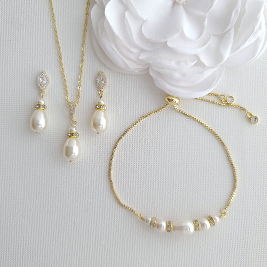 Jewelry Set for Brides With Pearl Bracelet+Pearl Earrings+Pearl Necklace-Ella - PoetryDesigns