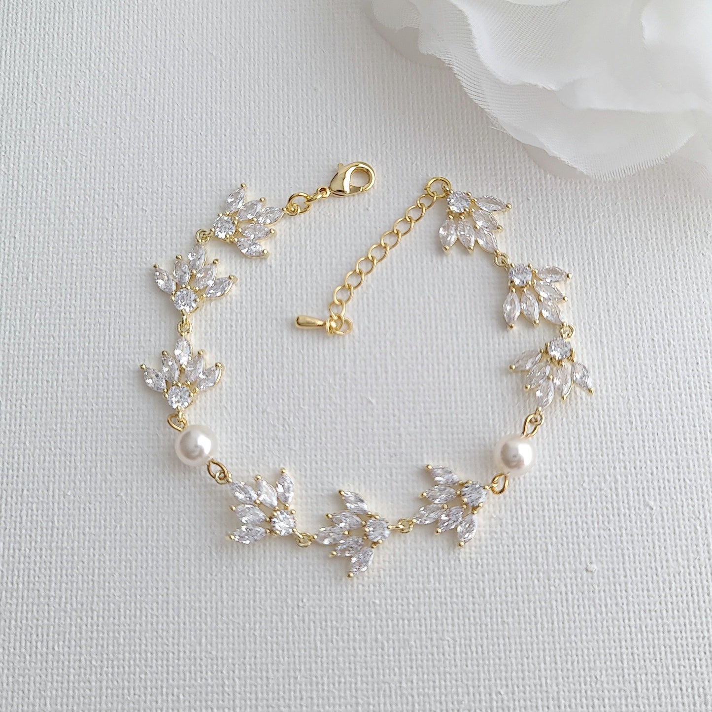 Gold Bracelet with cubic zirconia and pearl for brides- Poetry designs
