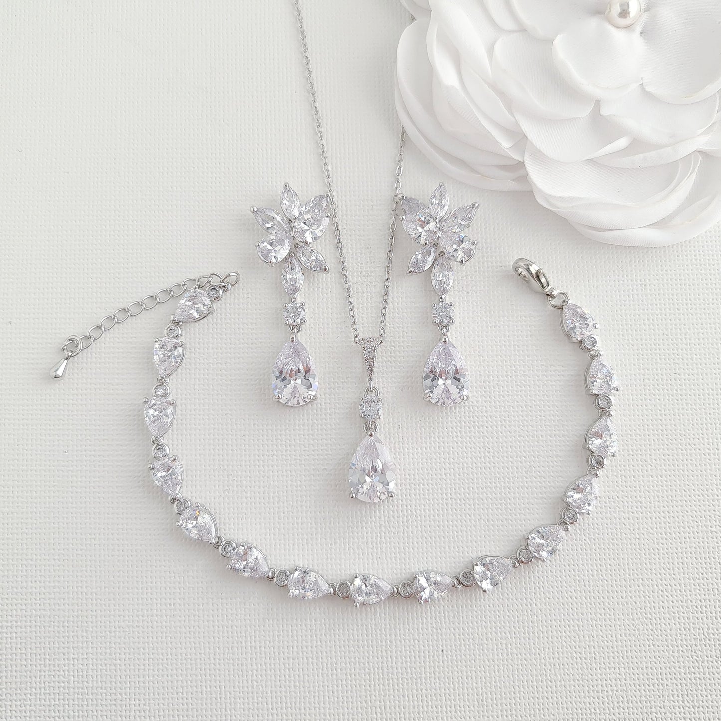 Cubic Zirconia Necklace Earrings Bracelet Set for Wedding-Ivy