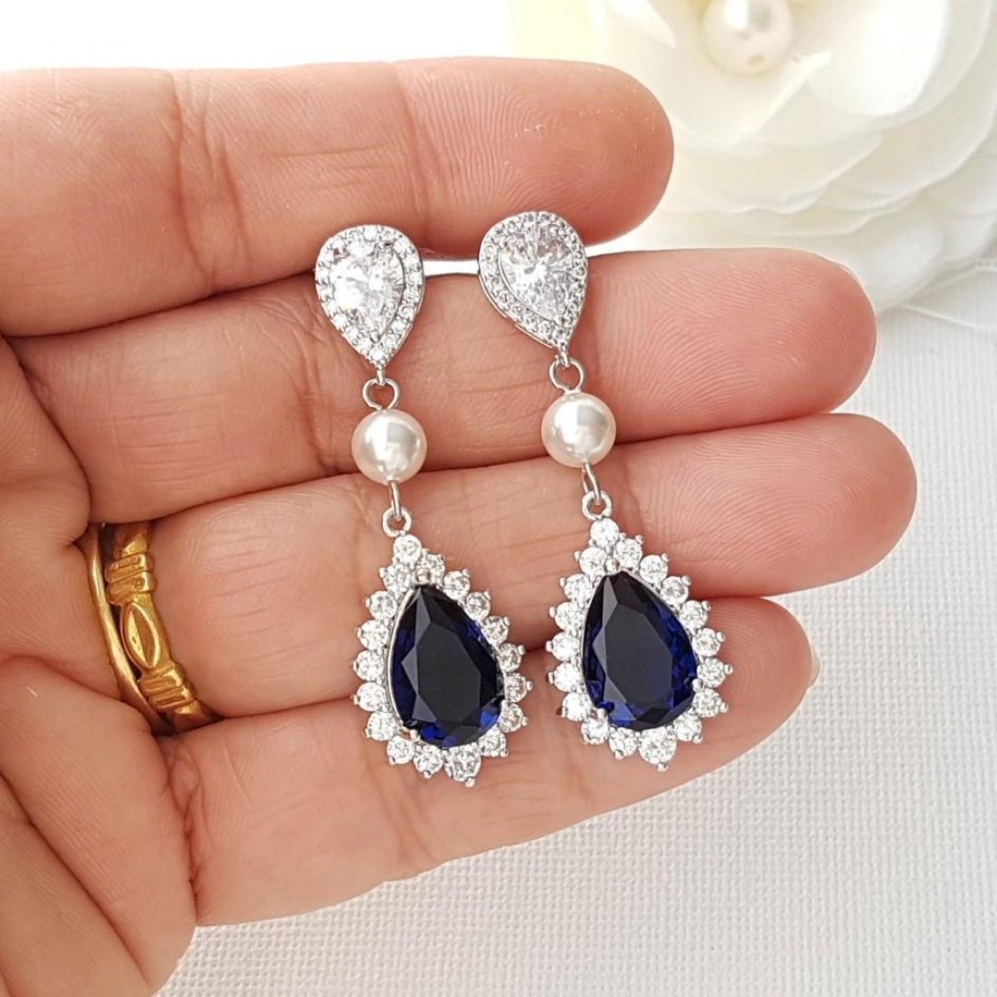 Juego de joyas de boda azul perla y cristal para novias-Aoi