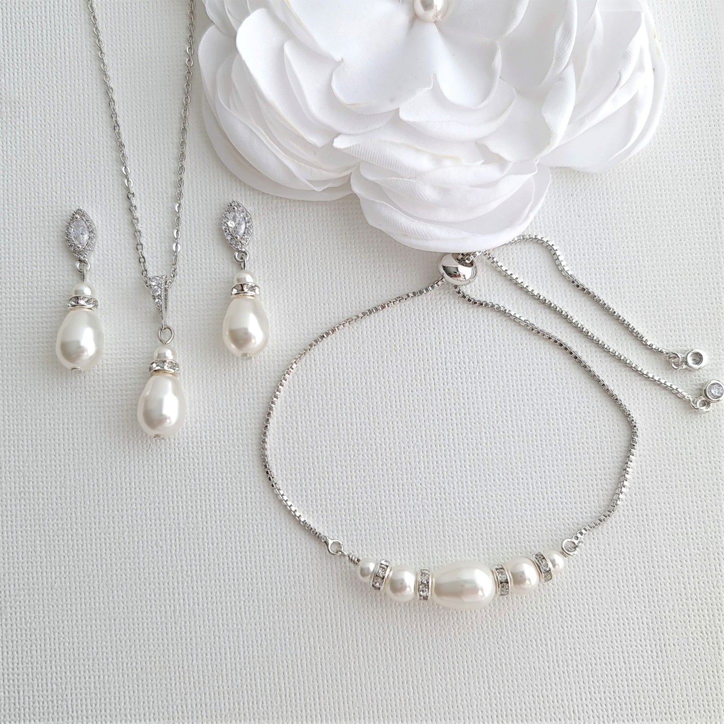 Jewelry Set for Brides With Pearl Bracelet+Pearl Earrings+Pearl Necklace-Ella - PoetryDesigns