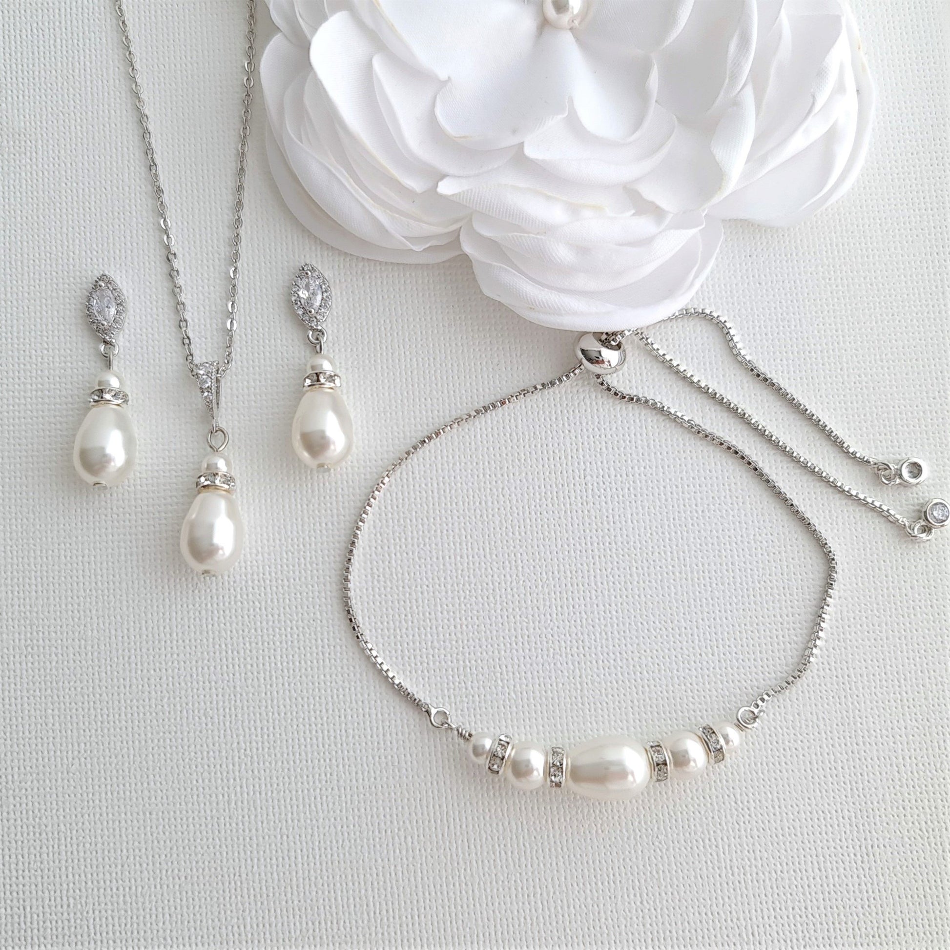 Jewelry Set for Brides With Pearl Bracelet+Pearl Earrings+Pearl Necklace-Ella - PoetryDesigns