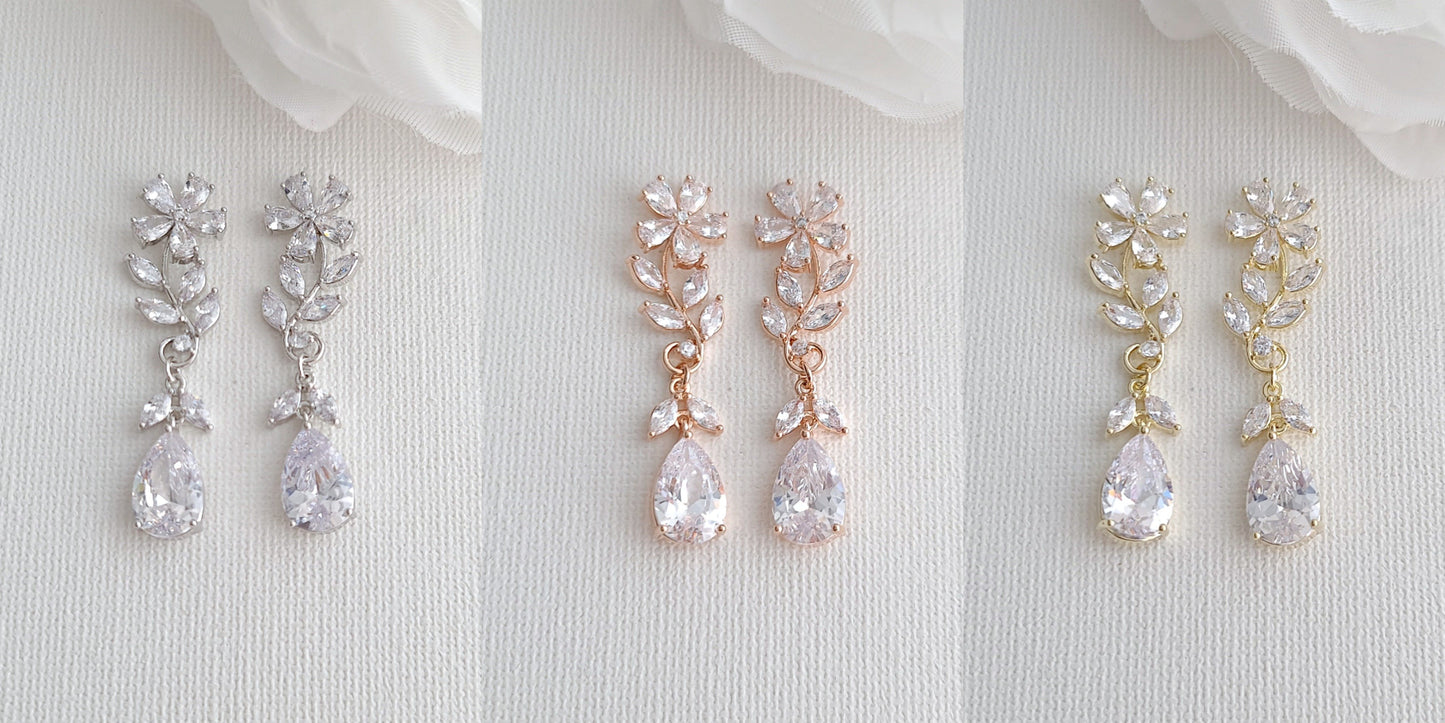 Leaves and Flower Bridal Earrings in Gold -Daisy - PoetryDesigns