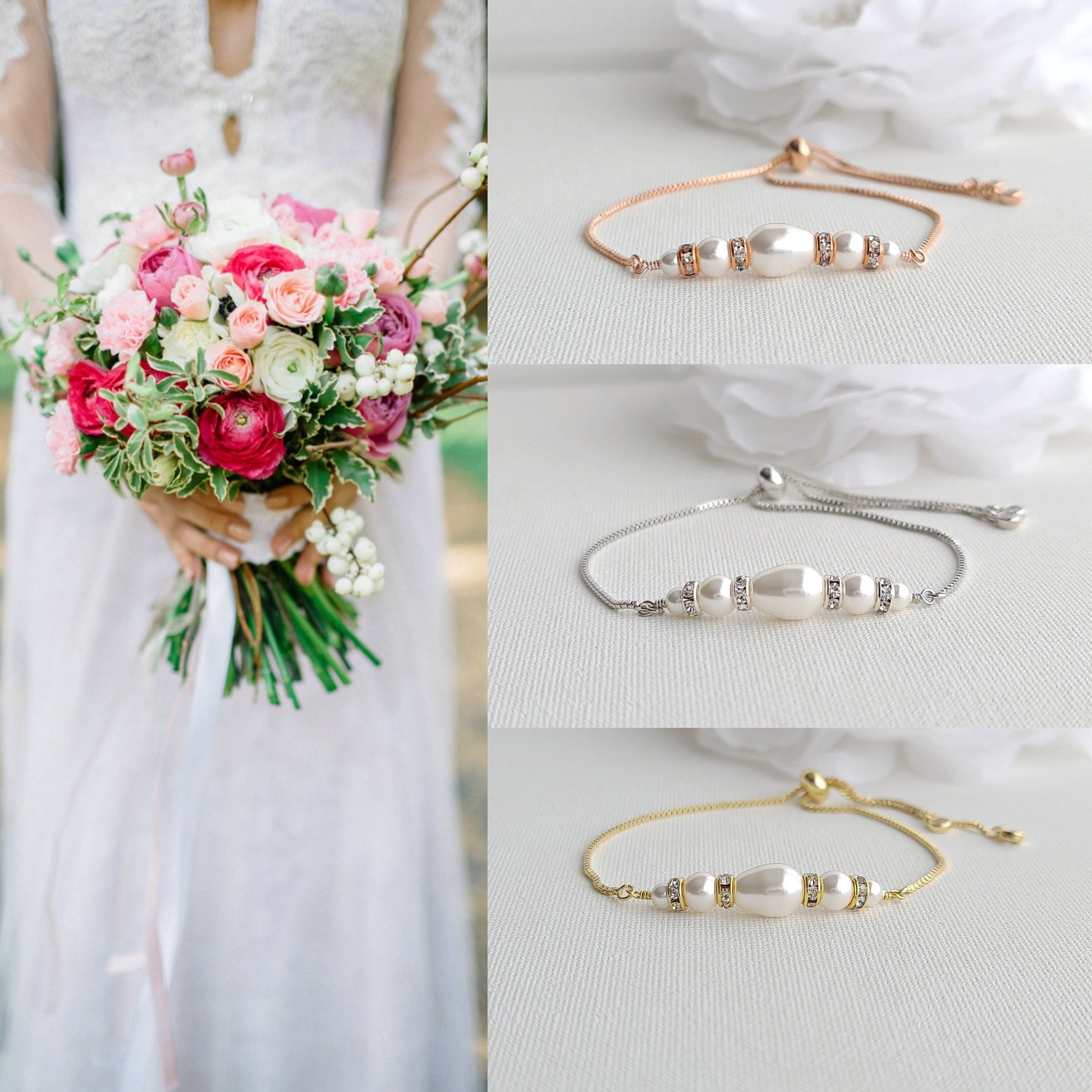 Jewelry Set for Brides With Pearl Bracelet+Pearl Earrings+Pearl Necklace-Ella - PoetryDesigns