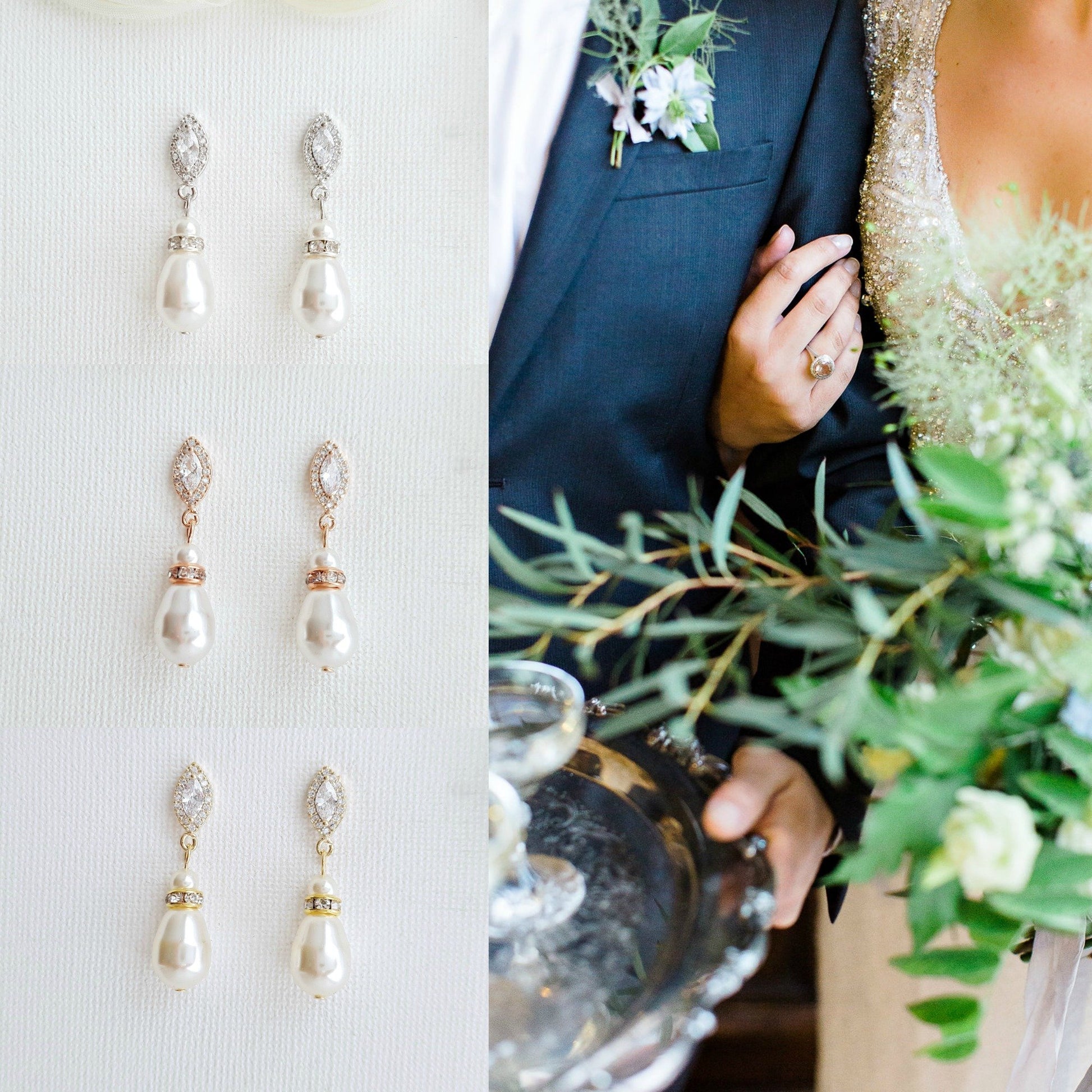 Jewelry Set for Brides With Pearl Bracelet+Pearl Earrings+Pearl Necklace-Ella - PoetryDesigns