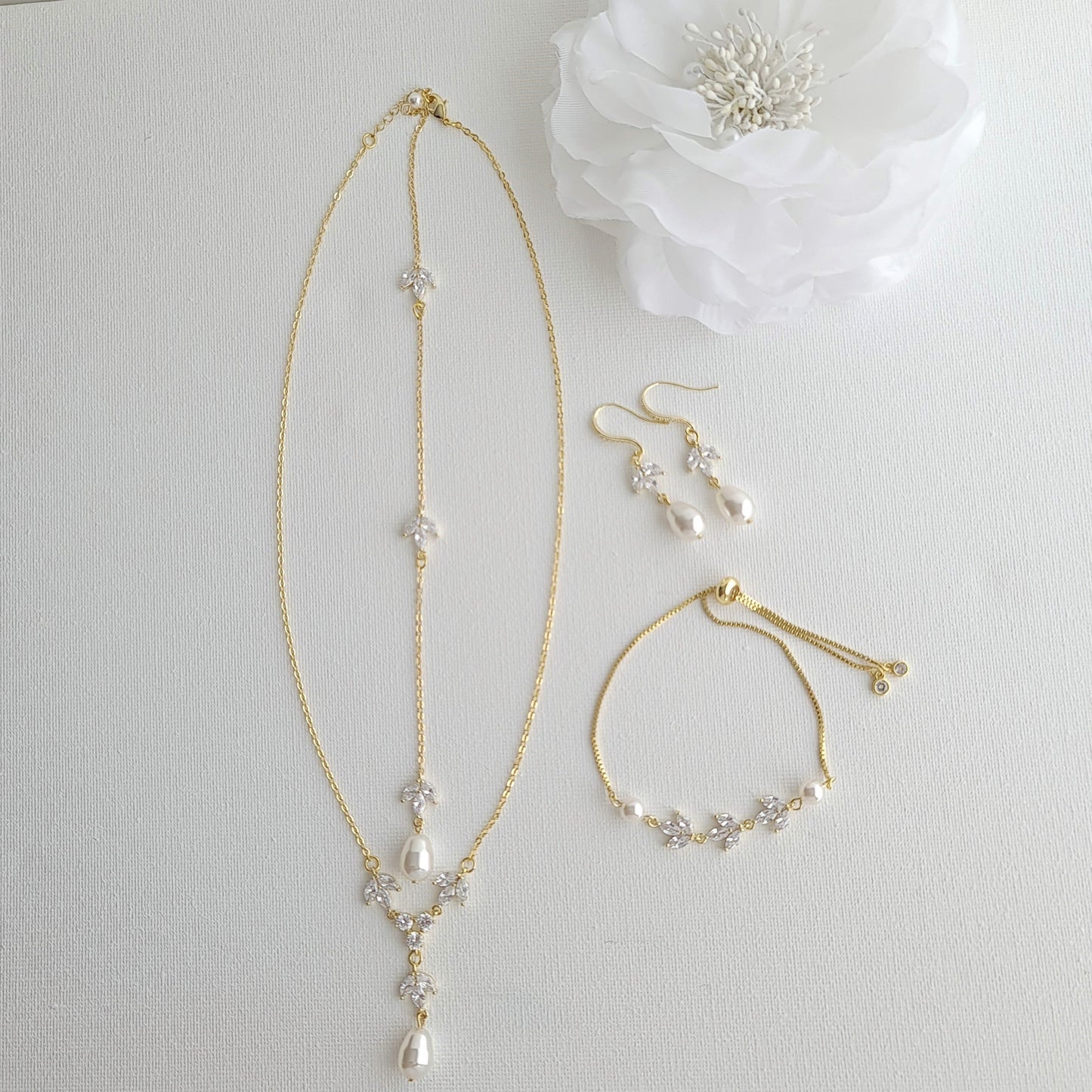 Wedding Necklace Set with Earrings & Bracelet-Gold- Leila - PoetryDesigns