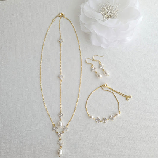 Wedding Necklace Set with Earrings & Bracelet-Gold- Leila - PoetryDesigns