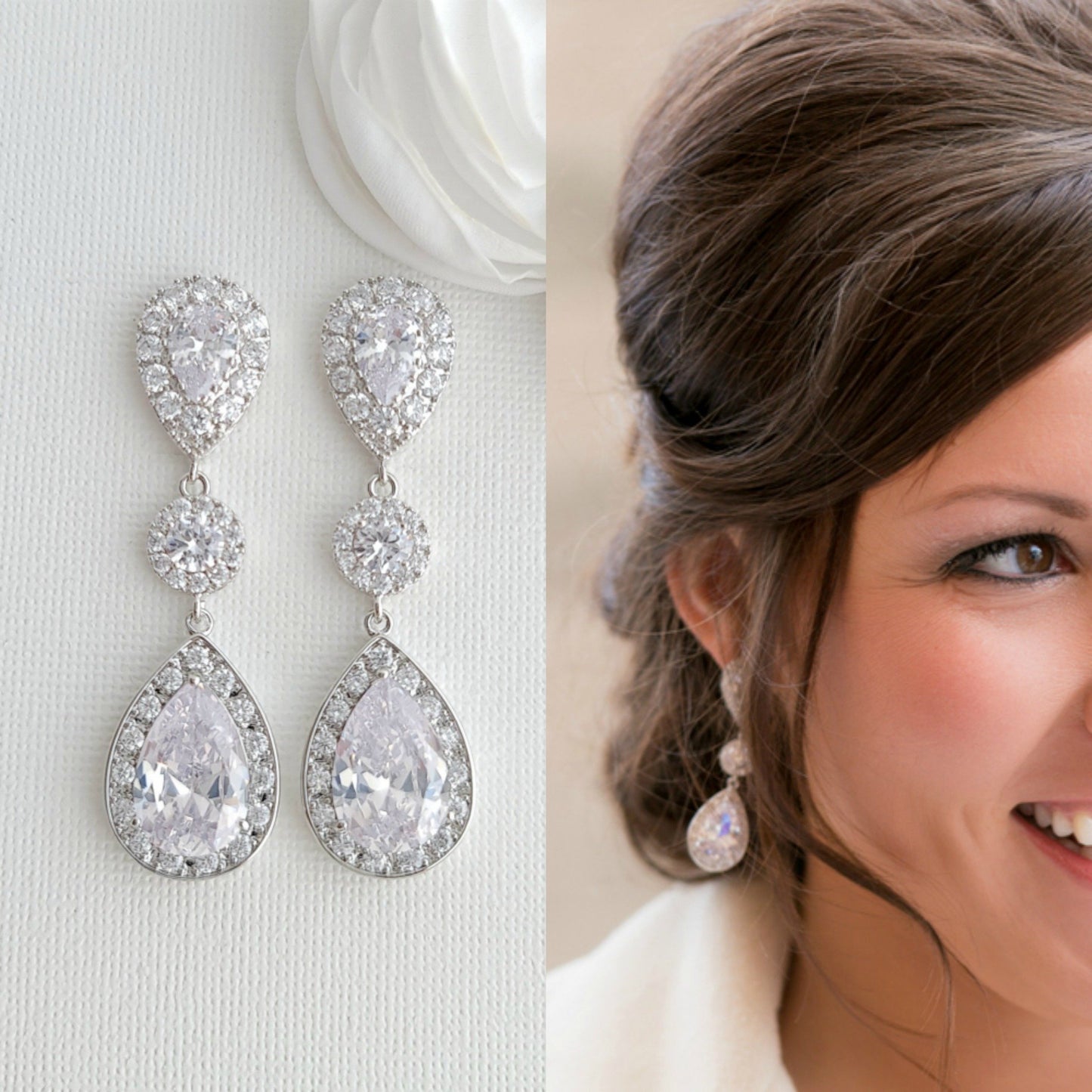 Simple Cubic Zirconia Necklace Set with Long CZ Earrings for Wedding- Penelope - PoetryDesigns