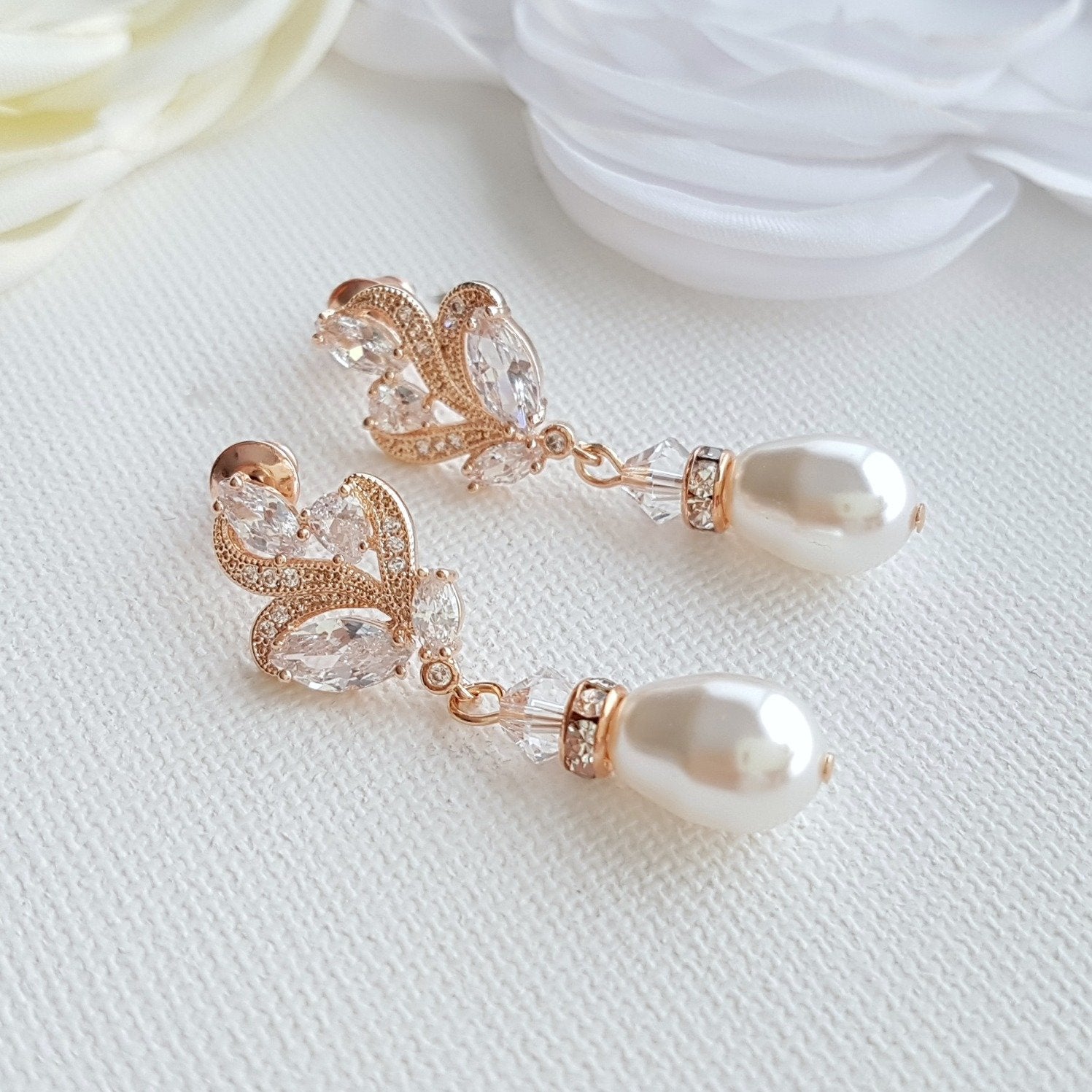 Rose Gold Bridal Earrings With Pearl Drops-Wavy - PoetryDesigns