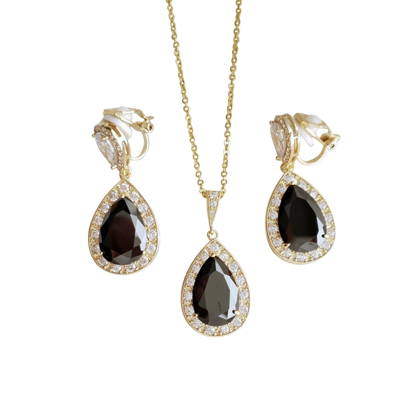 Cubic Zirconia Teardrop Clip On Earrings in Black & Gold- Zoe - PoetryDesigns